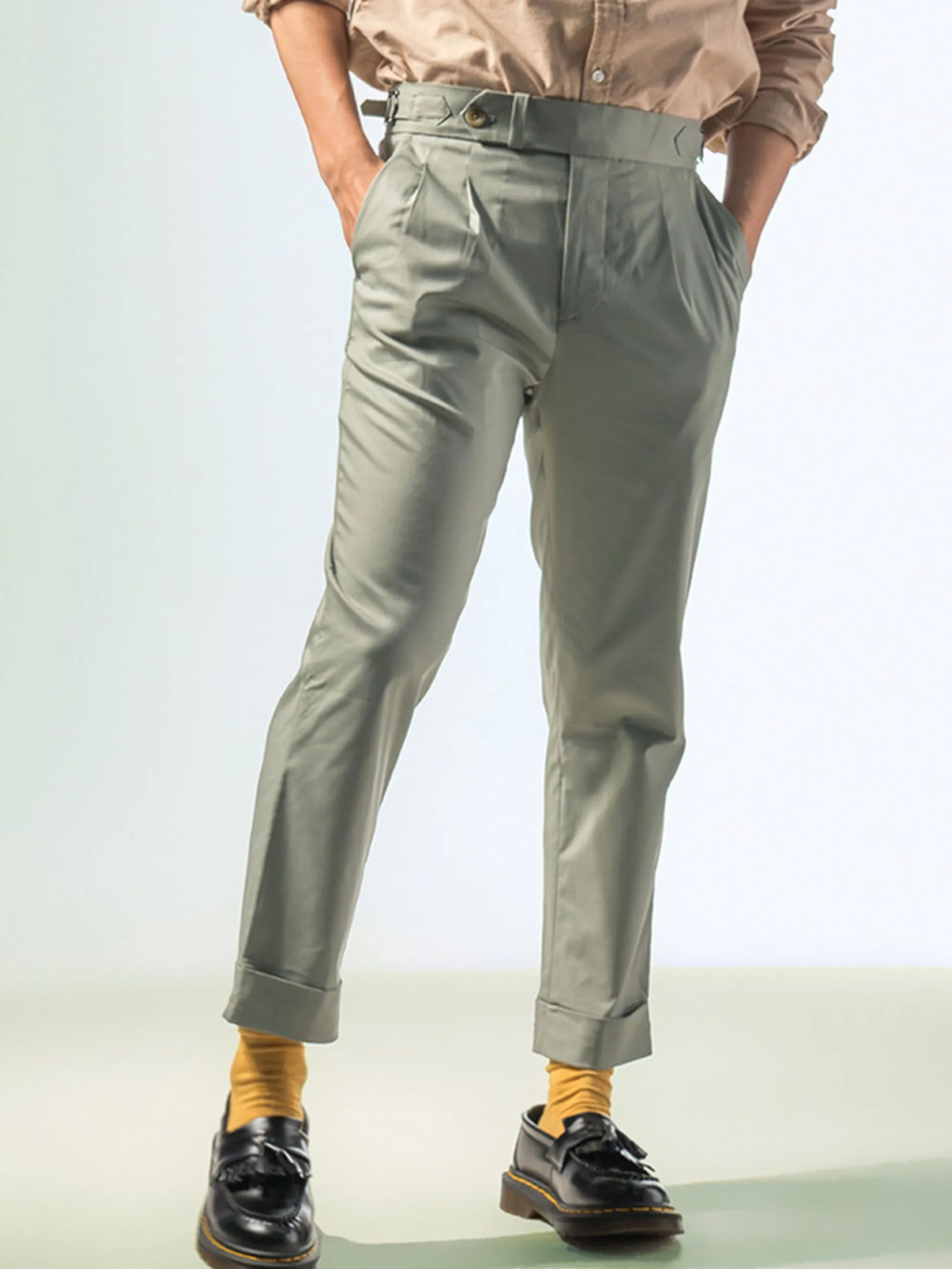 ERA-WON Men's Double belts trousers skinny crop fit Green