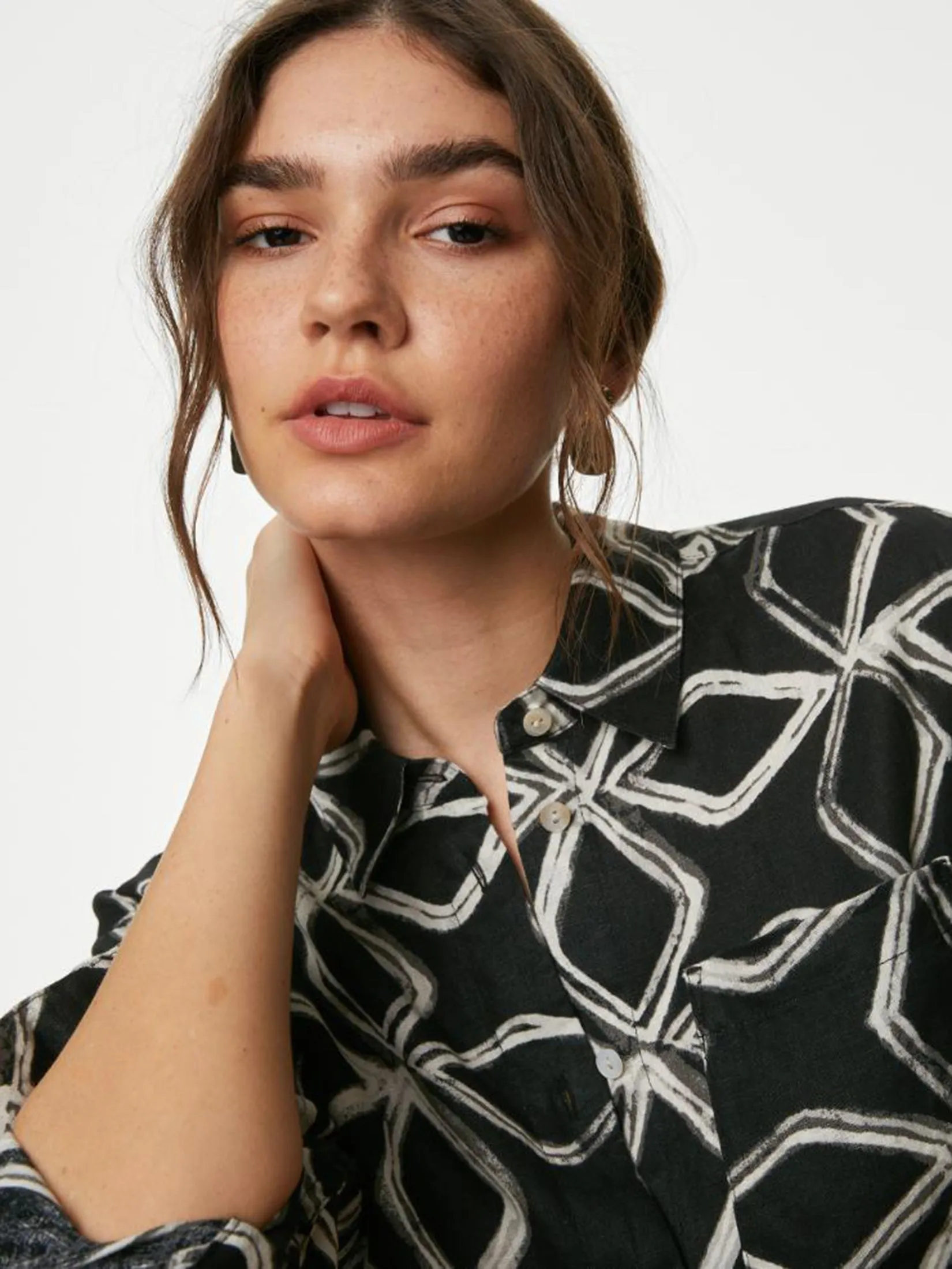 MARKS & SPENCER Women Shirt Pure Linen Printed Collared Relaxed White/Black