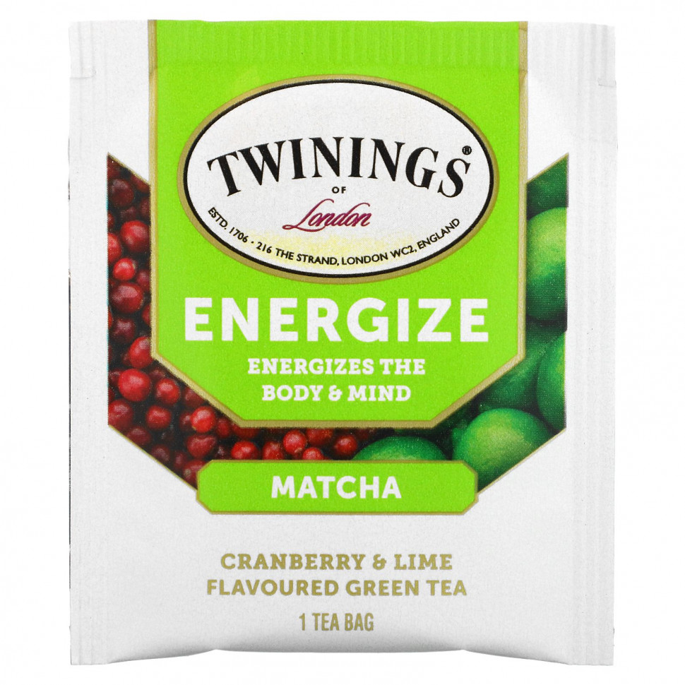 Twinings, бодрящий зеленый чай с матчей, клюквой и лаймом, 18 чайных пакетиков, 36 г (1,27 унции)
