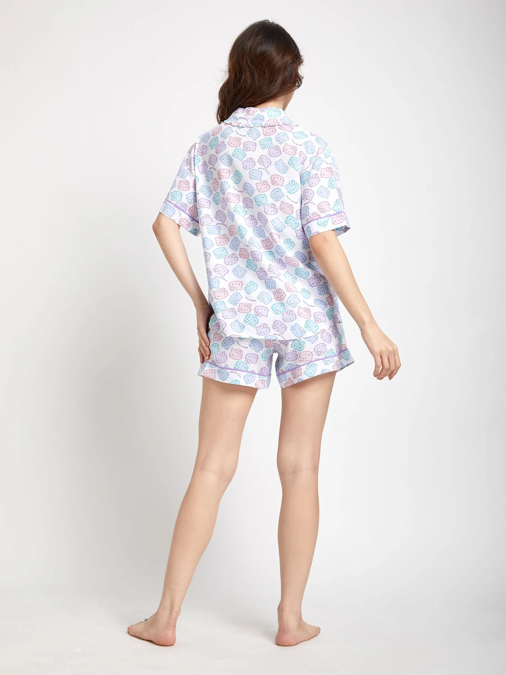 SANRIO Women Pyjamas Shirt Collar Neck Shorts Sleeves + Shorts Rainbow Face Hello Kitty Off White