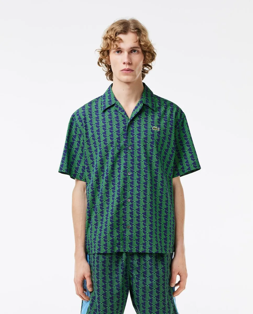 LACOSTE Short Sleeved Monogram Print Shirt Navy Blue/Green