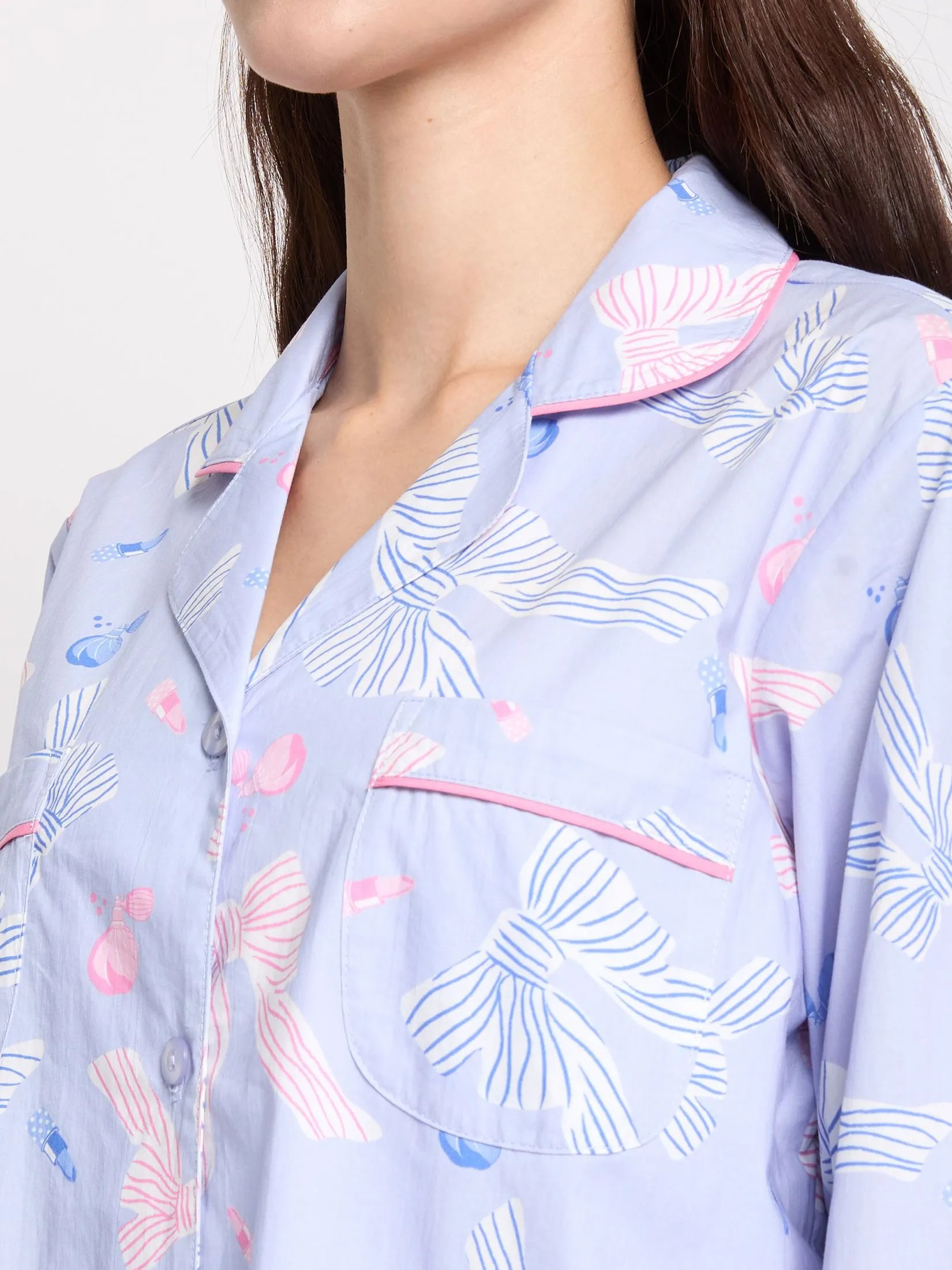 FOF Women Sleepwear Shirt Long Sleeves Collar + Pants Bow Light Purple