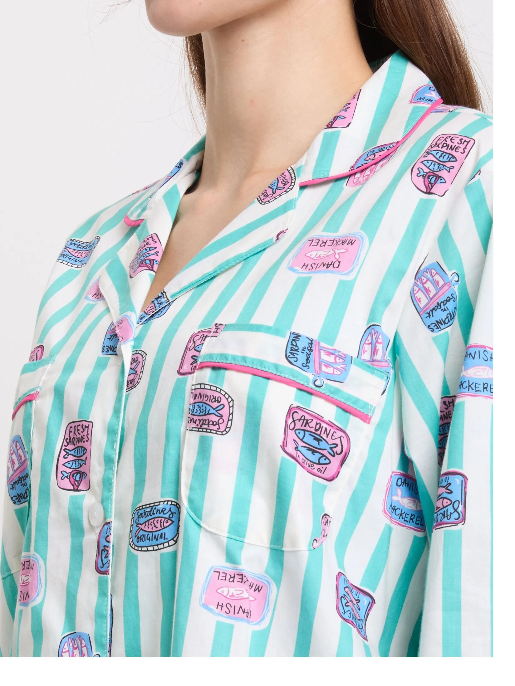 FOF Women Pyjamas Shirt Long Sleeves Collar Neck + Pants Print Green