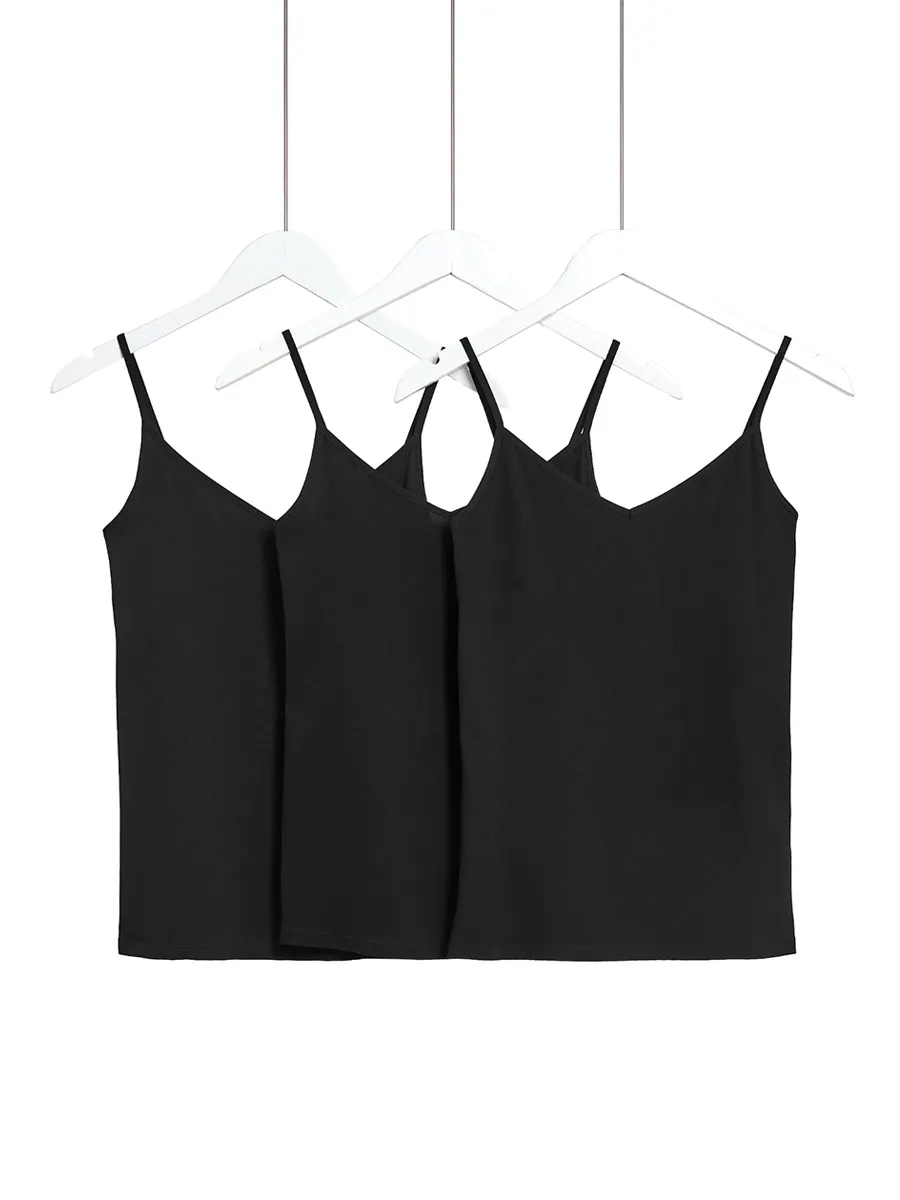 MARKS & SPENCER Women Strappy Vests Cotton Rich 3pk Black