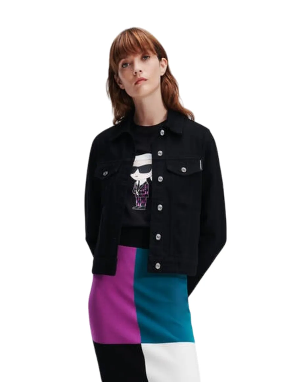 KARL LAGERFELD IKON KARL RHINESTONE WOMEN DENIM JACKET BLACK SOLID