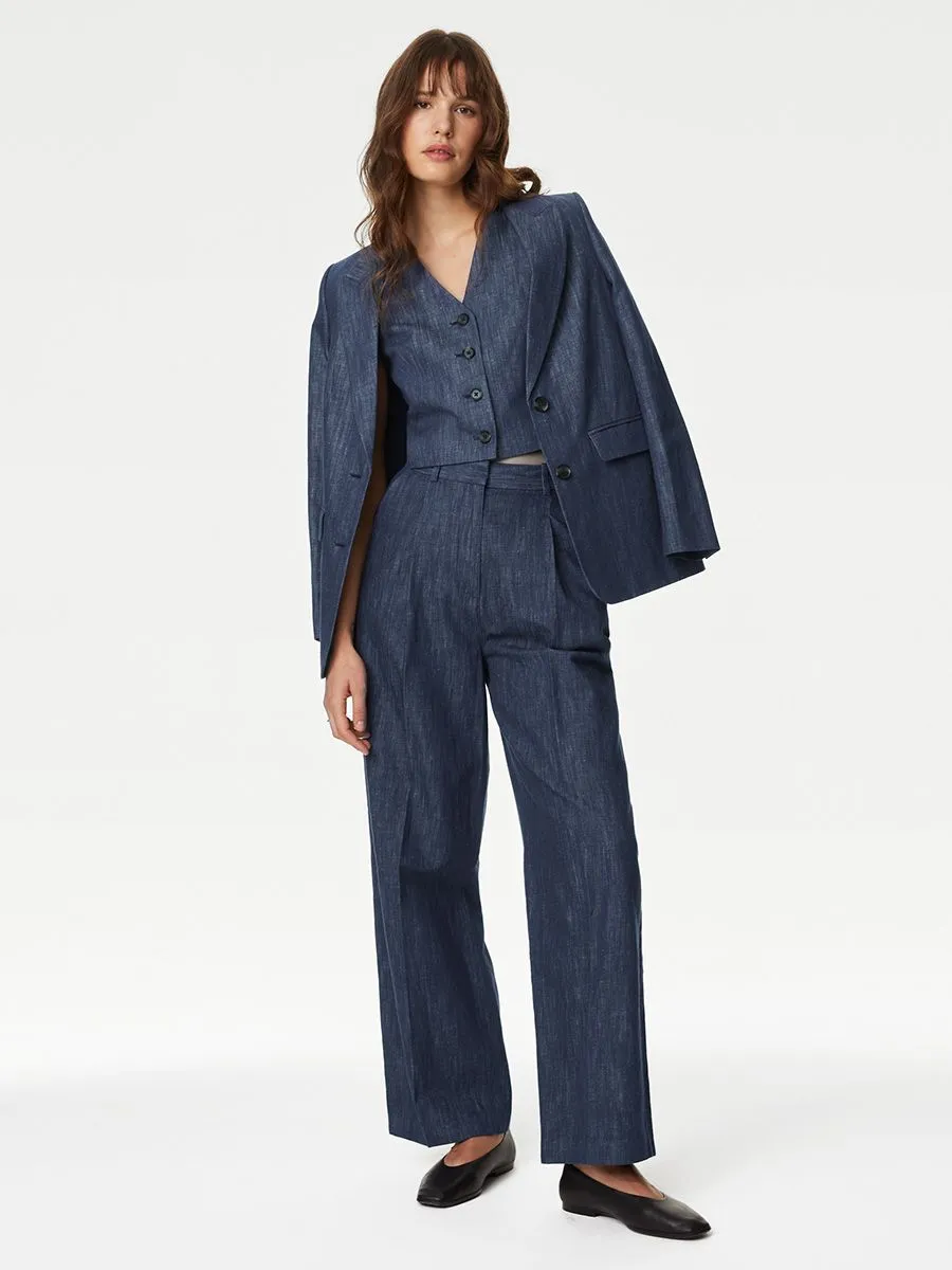 MARKS & SPENCER Women Trousers Wide Leg Pleat Front Cotton Rich Blue Mix