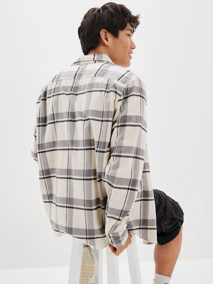 AMERICAN EAGLE MEN JIM PLAID RYAN FLANNEL SHIRT 106 CREAM