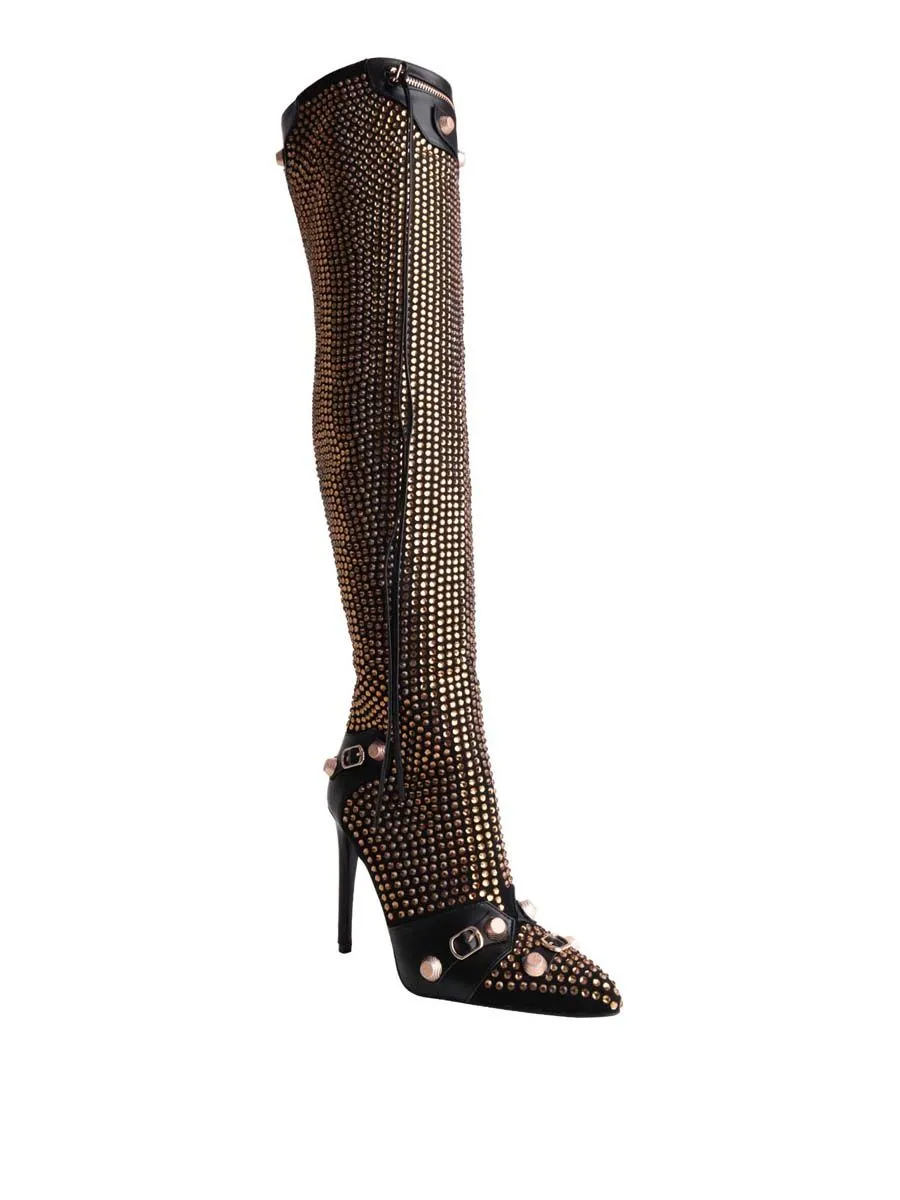 VILLAINS SF GO GO Knee High Boot BLACK GOLD JEWELS