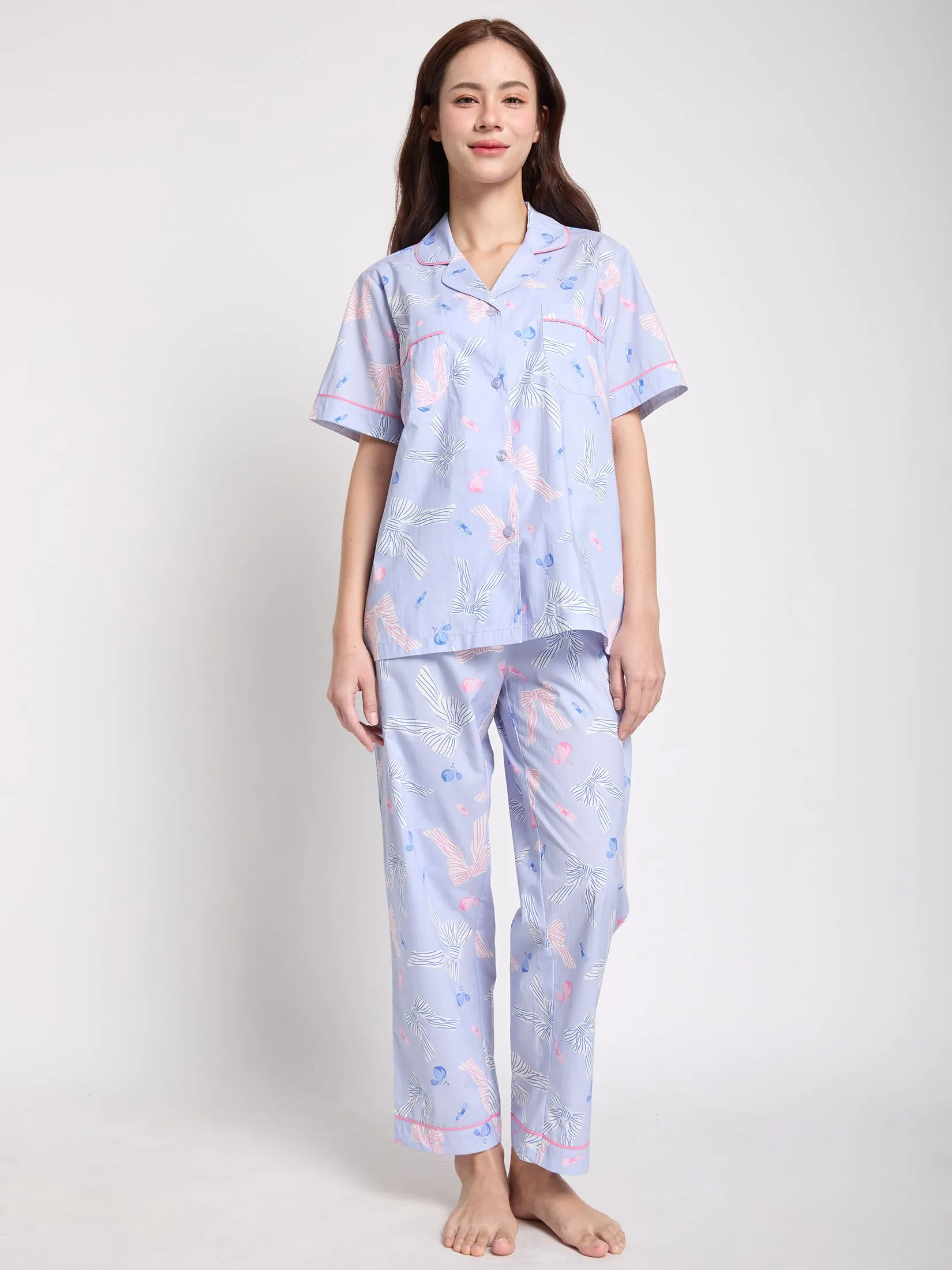 FOF Women Sleepwear Shirt Short Sleeves Collar + Pants Bow Light Purple
