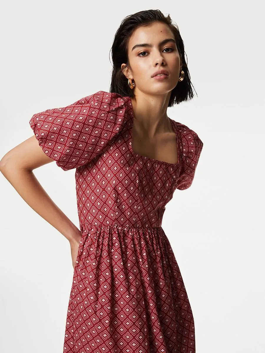 MARKS & SPENCER Women Midi Dress Square Neck Pure Cotton Printed Red Mix
