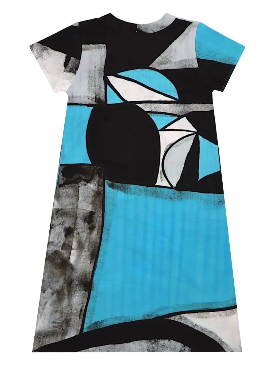 YODYOKO Woman Dress - Blue : Abstract Black and white blocks