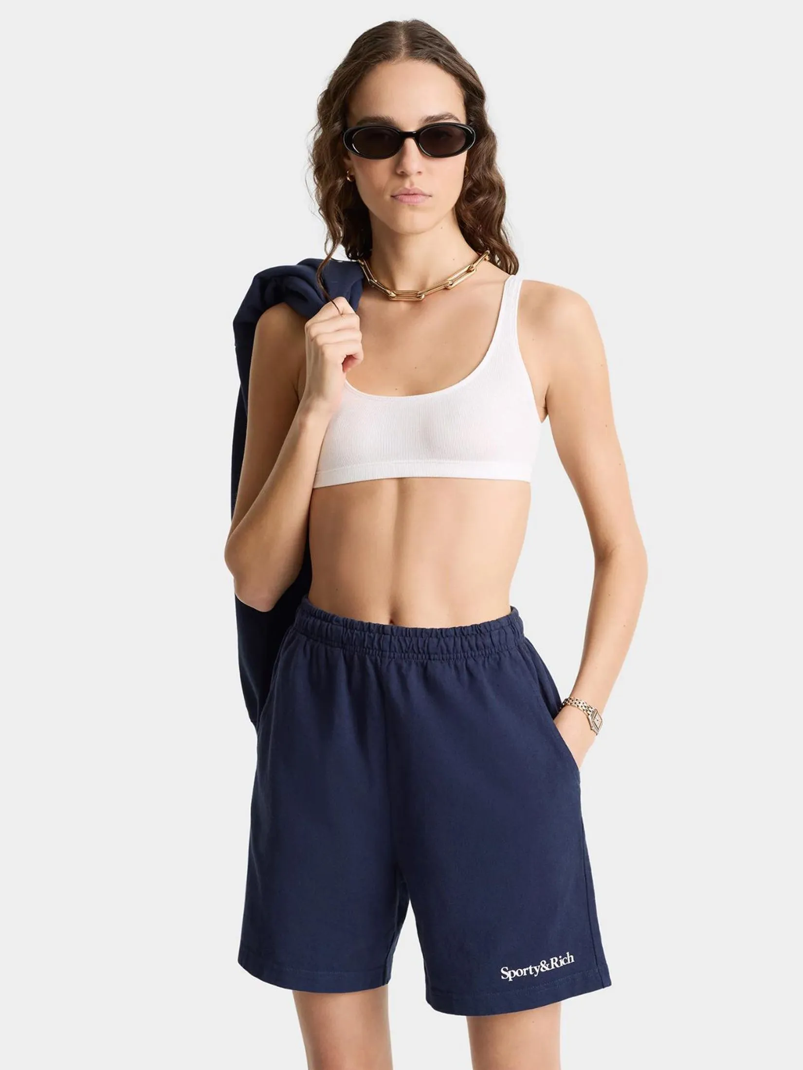 SPORTY & RICH Unisex Gym Short Serif Logo- Navy/White