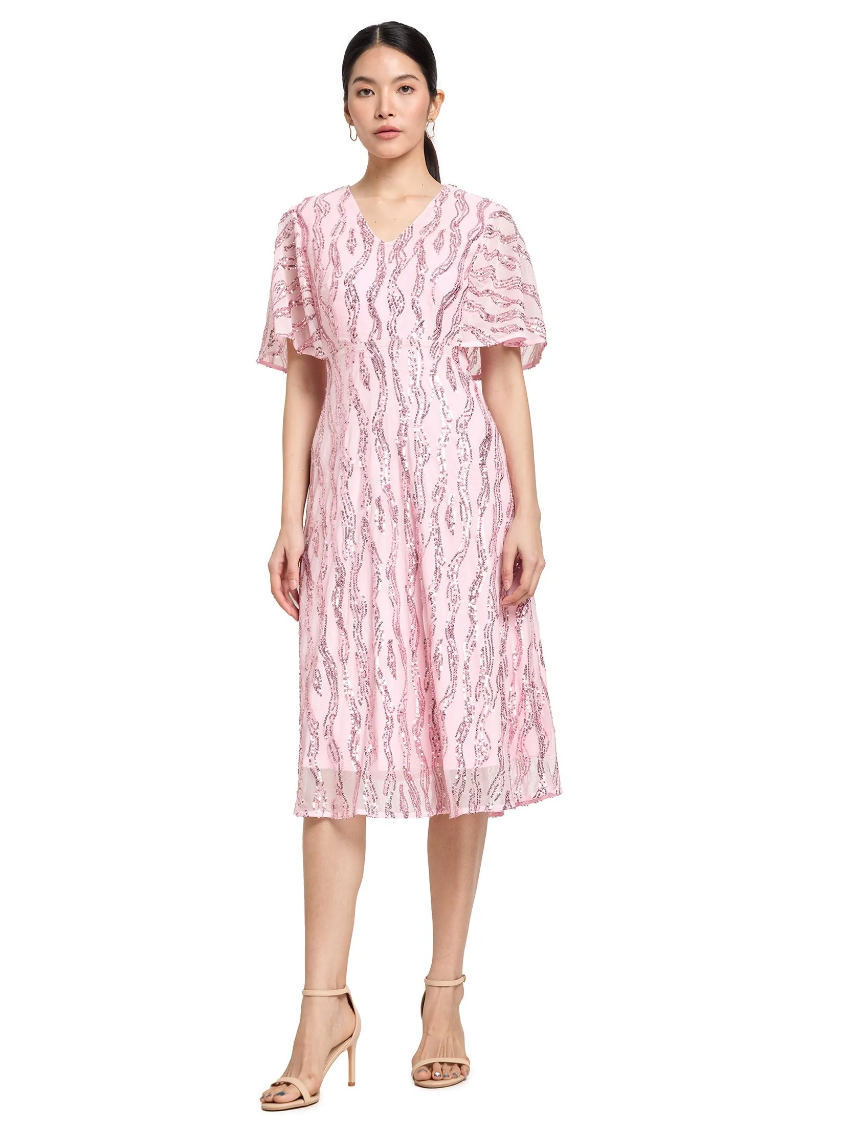 EXPRESSIONS EVENING Women Dress Cape Sleeve Sequin Midi