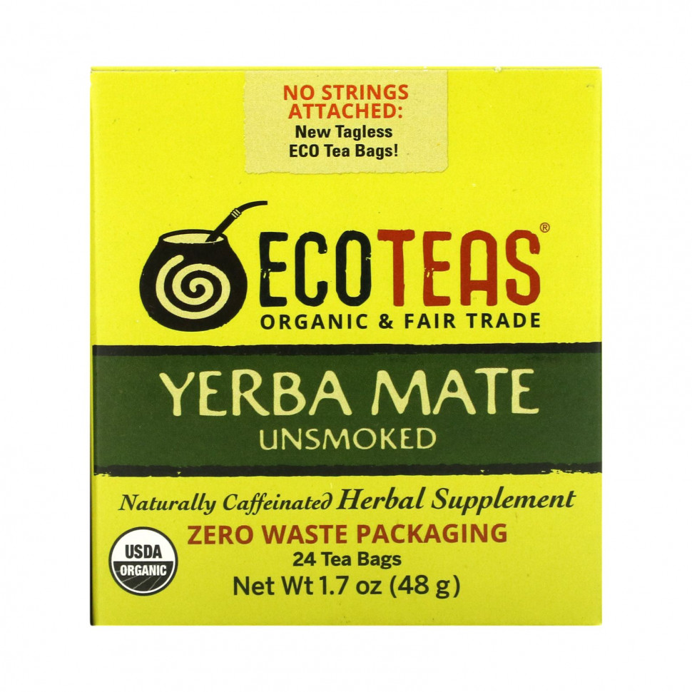 EcoTeas, Yerba Mate, некопченный, зеленая энергия, 24 чайных пакетика, 48 г (1,7 унции)