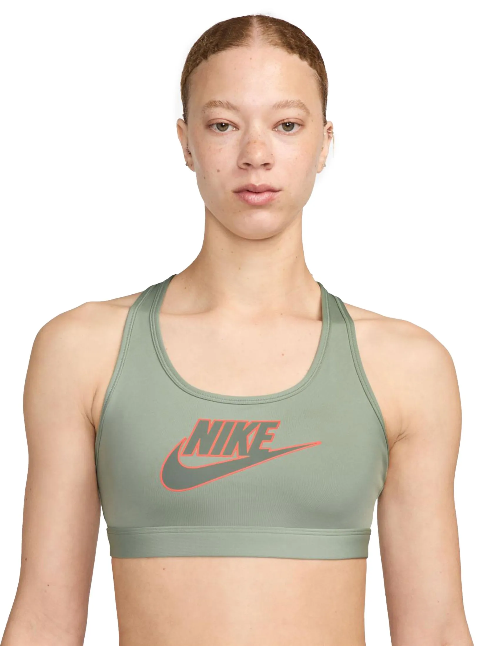 NIKE Women Sports Bra Swoosh Medium Support Jade Horizon/Hyper Crimson/Dark Stucco Size - XL