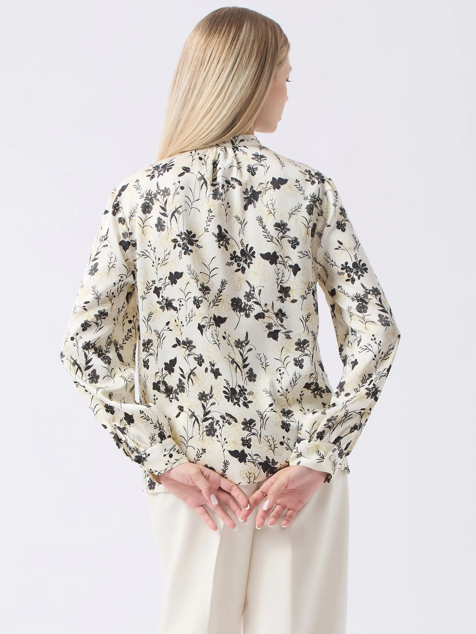 ESPADA Stand Collar Floral Print Blouse Women Ivory