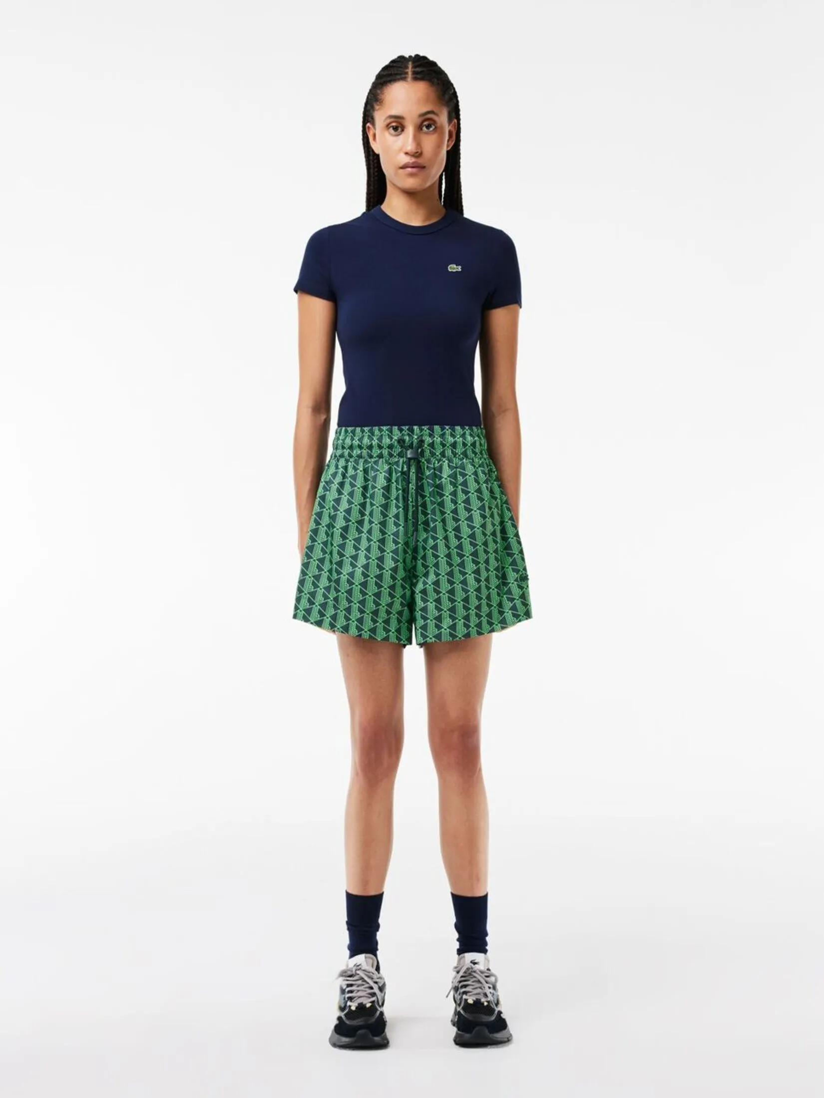 LACOSTE Monogram Print and Drawstring Tailored Shorts Green