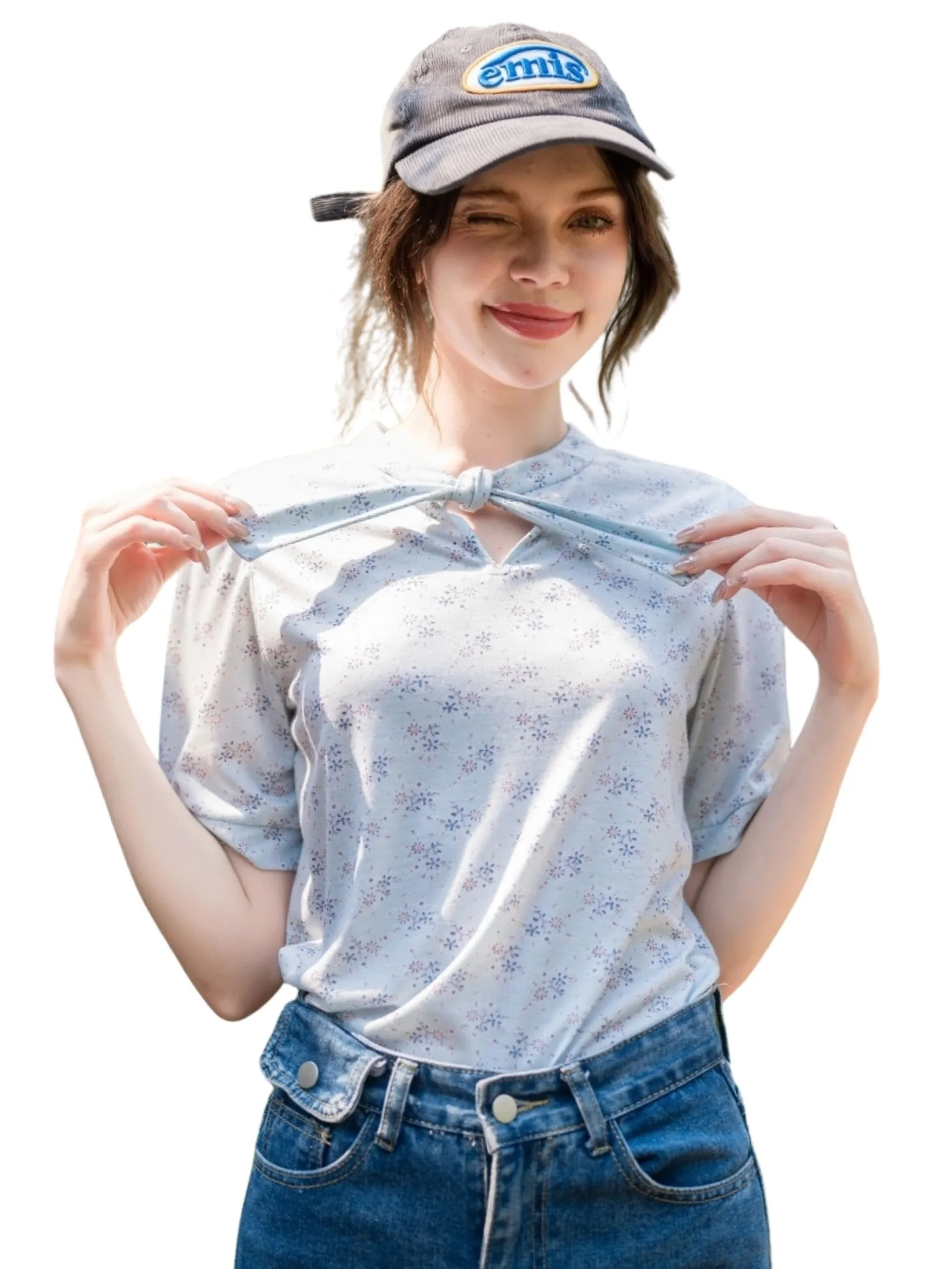 AMILA Women Blouse Short Sleeves Spun Print Blue