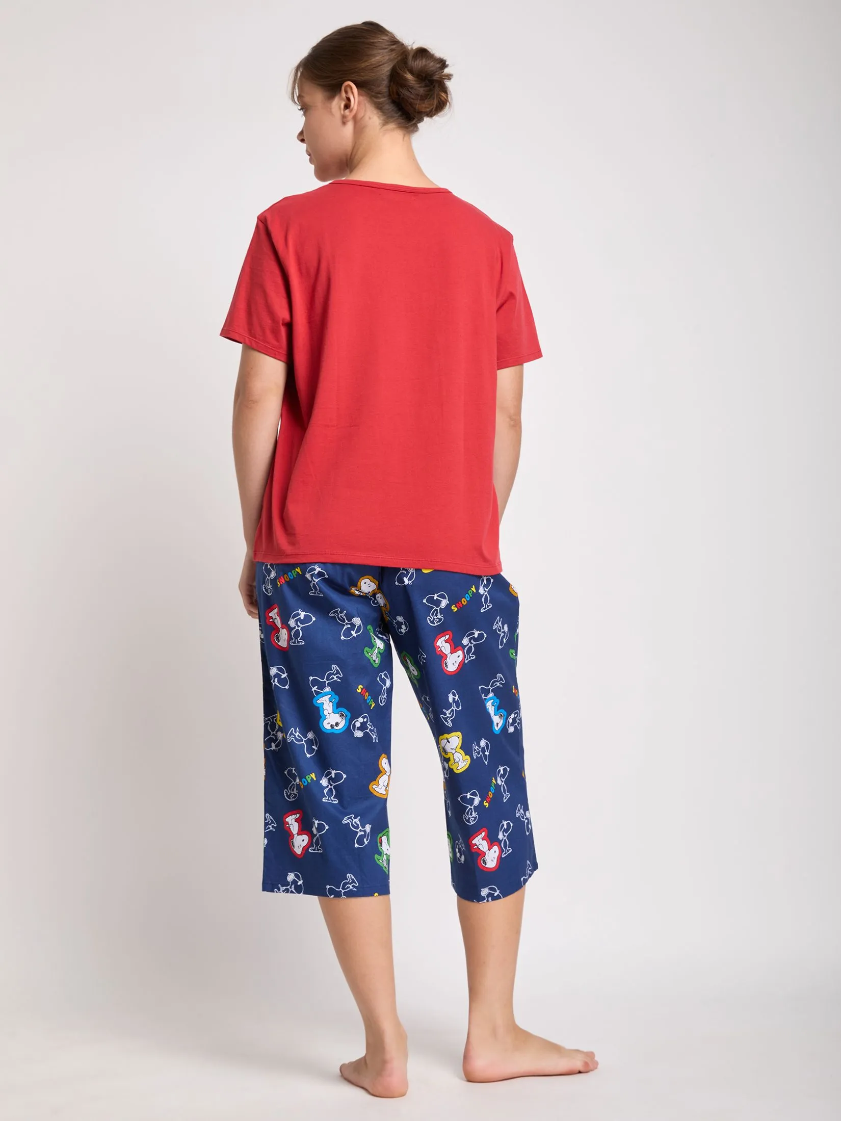 SWEET SENSATIONS Women Pyjamas Set Short Sleeves T-Shirt + Crop Pants Snoopy Print Dark Blue