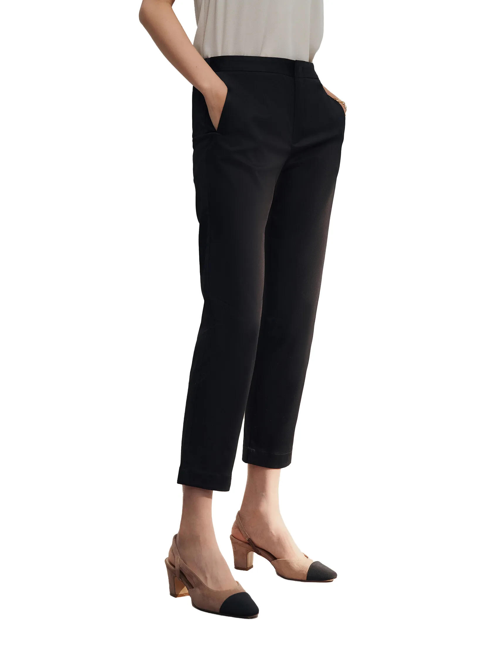 G2000 Women Clothing Cotton Blend Spandex Satin Casual Pants W/ Elastic Waistband Cropped Cigarette Shape - Black