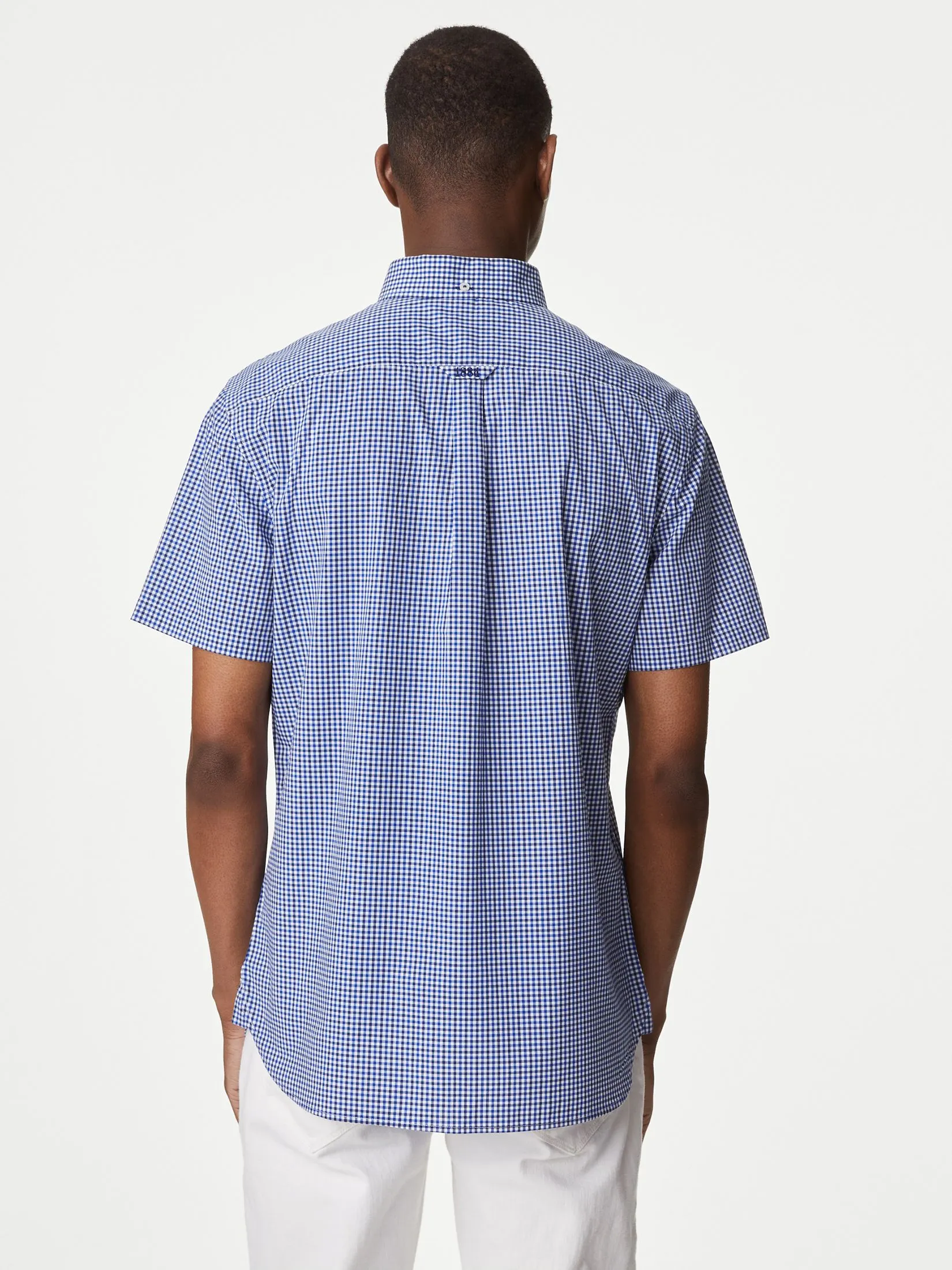 MARKS & SPENCER Men Shirt Short Sleeves Easy Iron Cotton Stretch Gingham Check Oxford Print