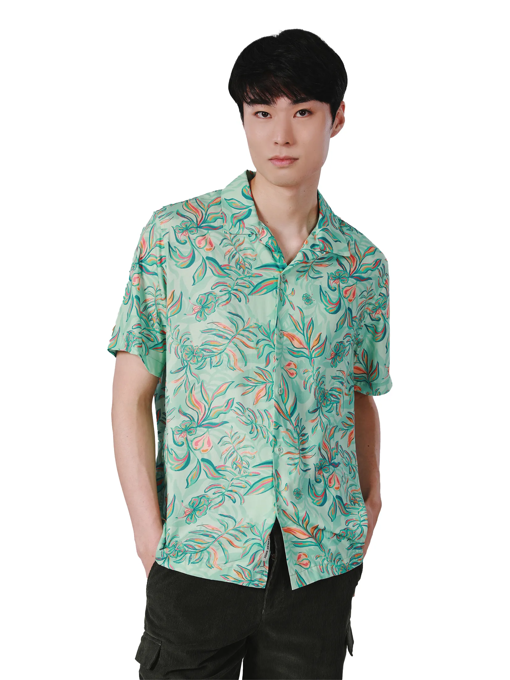 JOHN HENRY Men s Short Sleeves Hawaii Shirts (Relaxed Fit) SONGKRAN FESTIVAL Mint Size - L