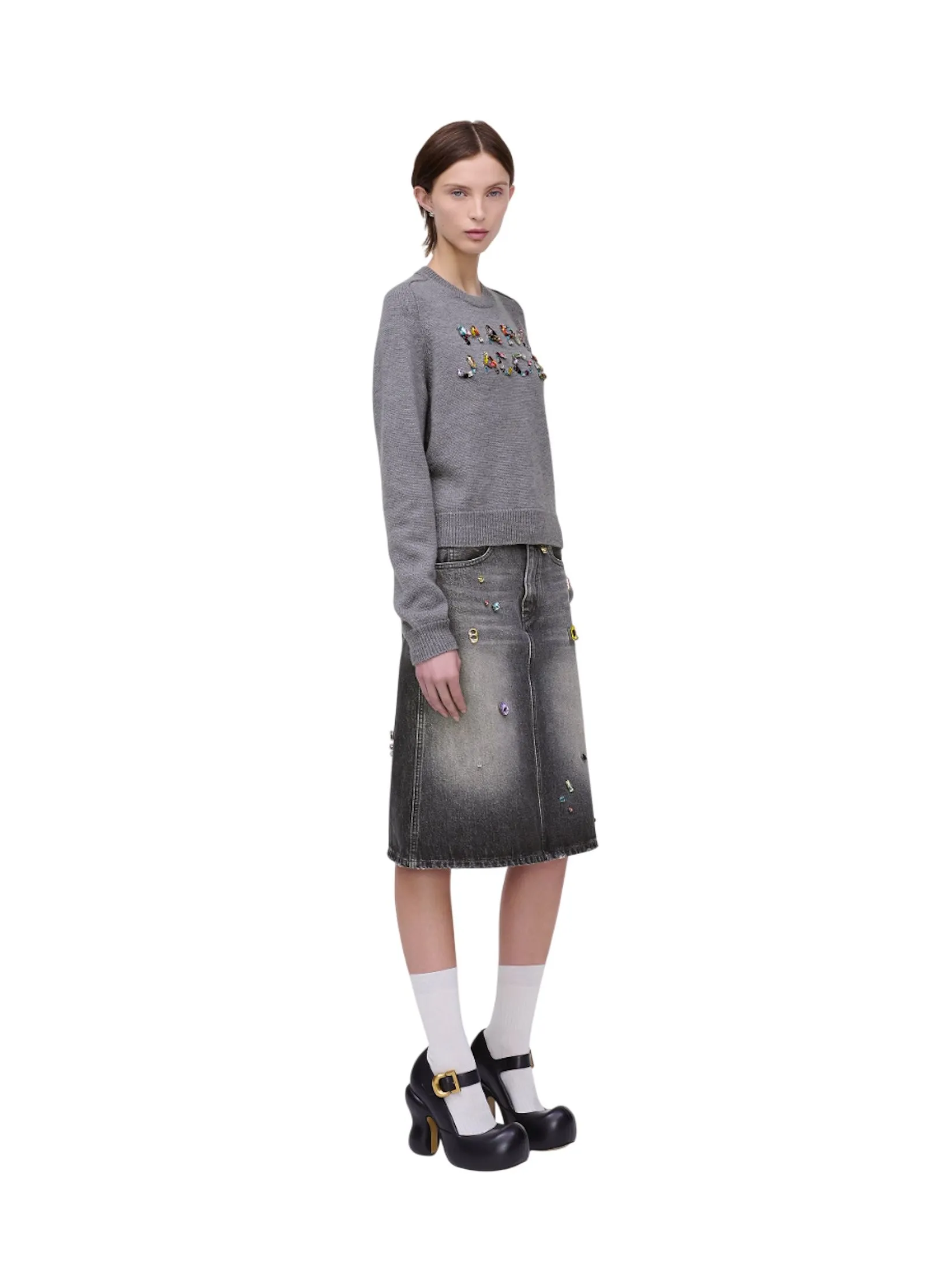 MARC JACOBS THE GEM KNIT LOGO CREWNECK STEEL GREY