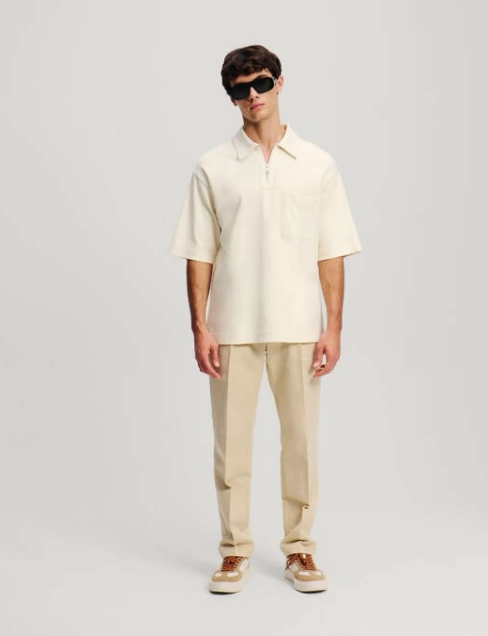 KARL LAGERFELD KL ZIP-UP MEN POLO W/ POCKET CANNOLI CREAM