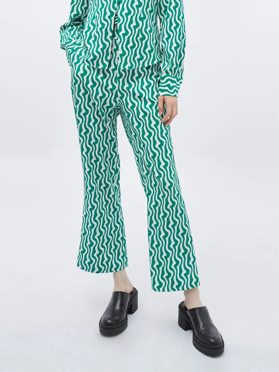 F-FASHION Abstract Animal Print Wide Leg Trousers Women Dark Green