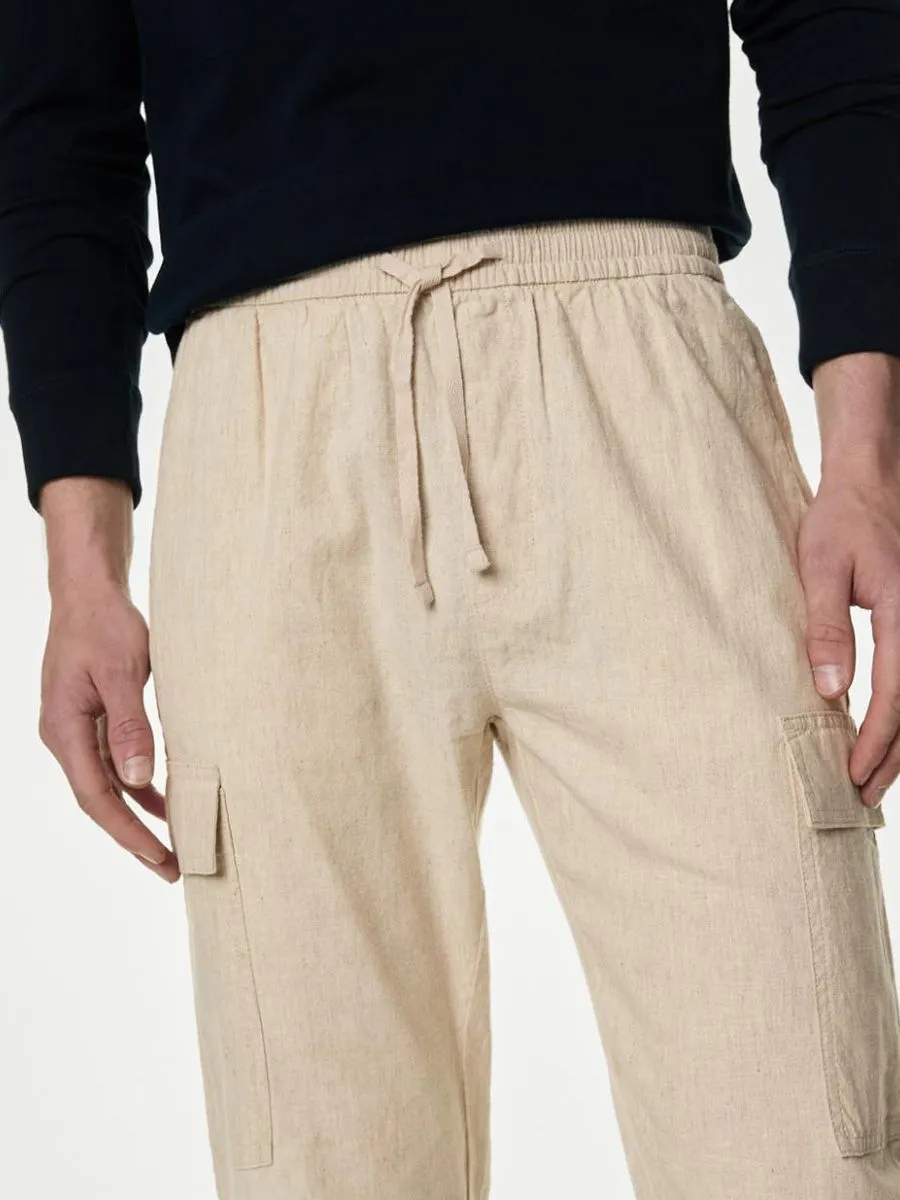 MARKS & SPENCER Men Cargo Trousers Linen Rich Elasticated Waist Stone
