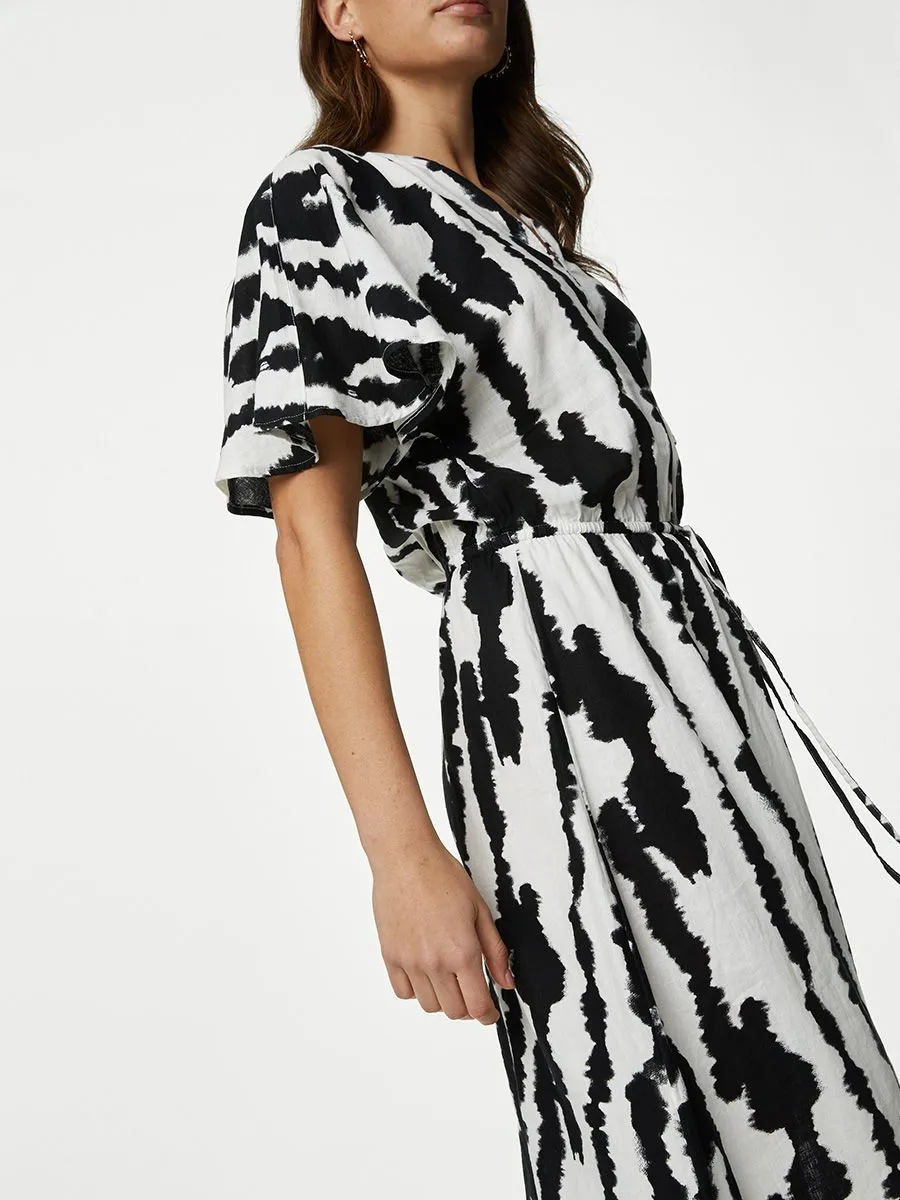 MARKS & SPENCER Women Dress V-Neck Swing Linen Blend Printed Black Mix