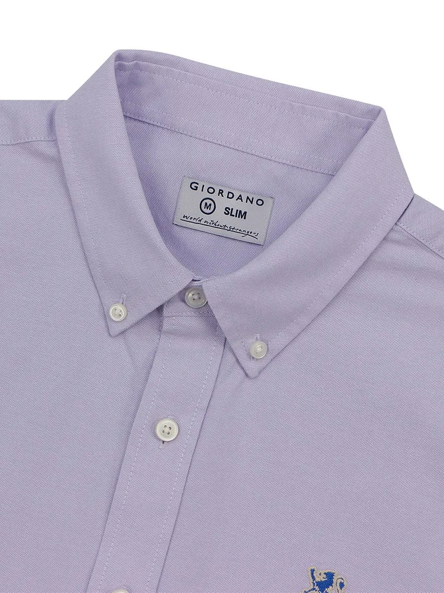 GIORDANO Men's Long Sleeve Embroidery Oxford Shirt  Light Voilet Purple