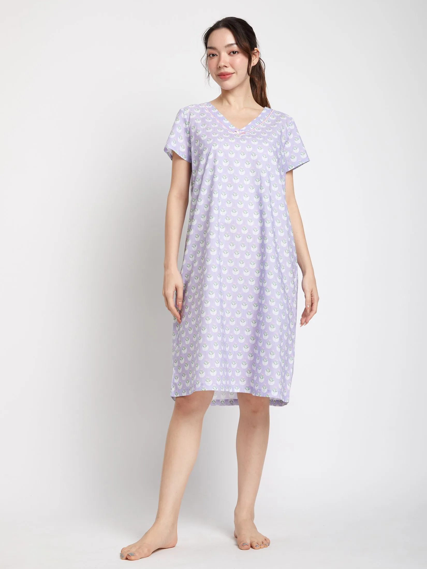 CLAUDIA'S ROMANCE Women Night Dress Short Sleeves V-Neck Purple