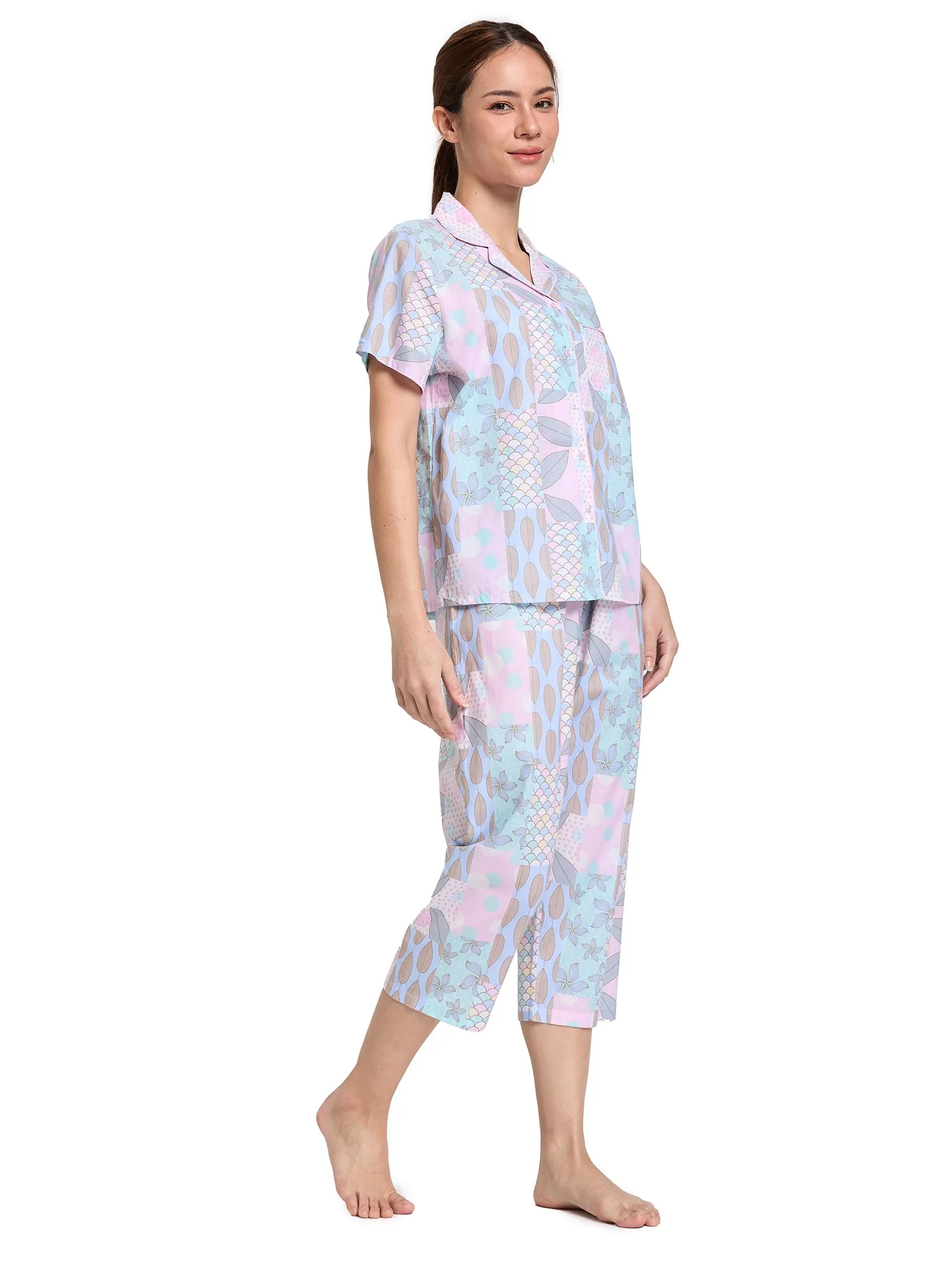 CLAUDIA'S ROMANCE Women Pajamas Set Hawaiian Shirt Short Sleeves + 5-Part Pants Pink
