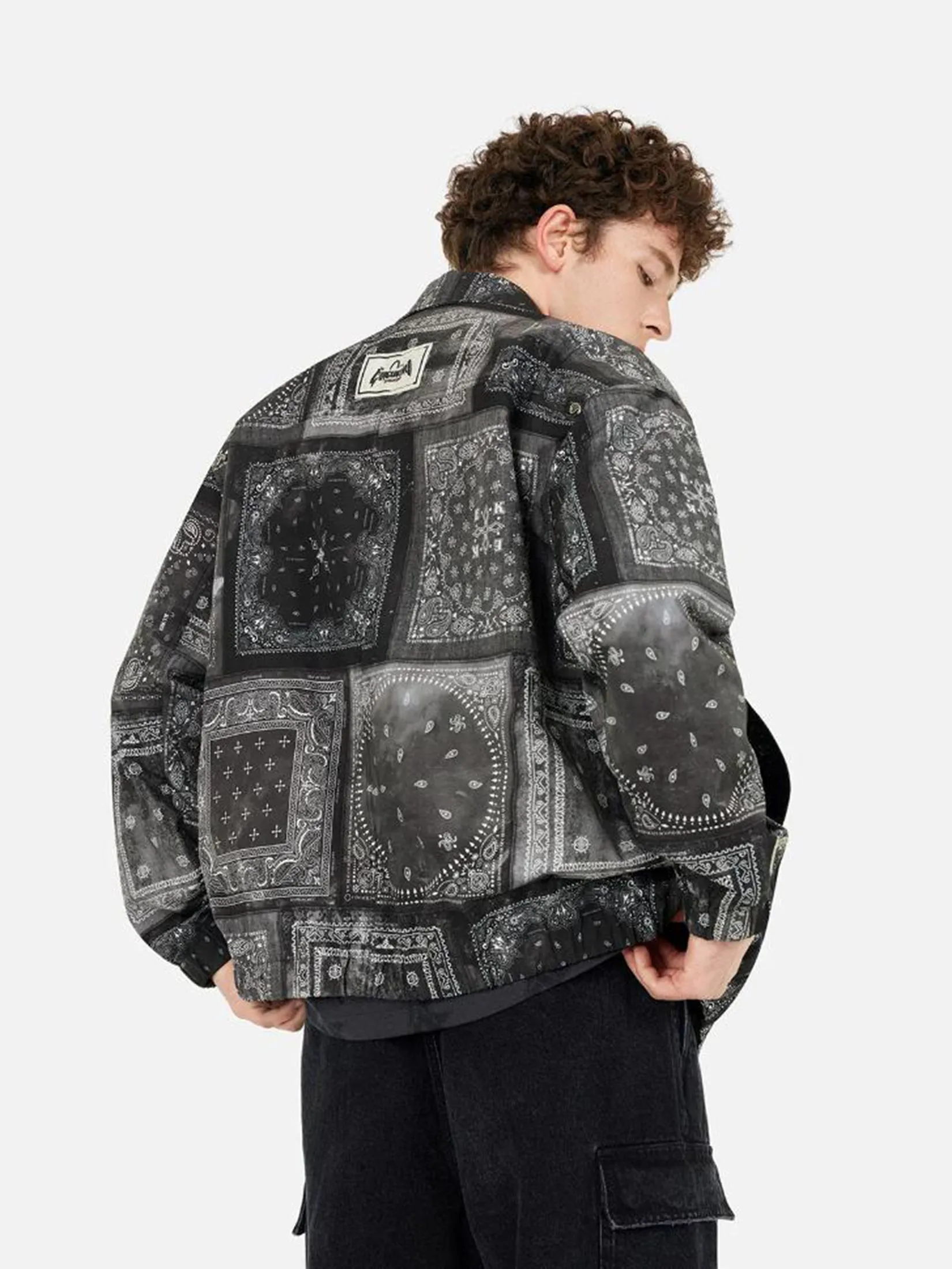 EVISU Men Oversized Coach Jacket Allover Paisley Print Black