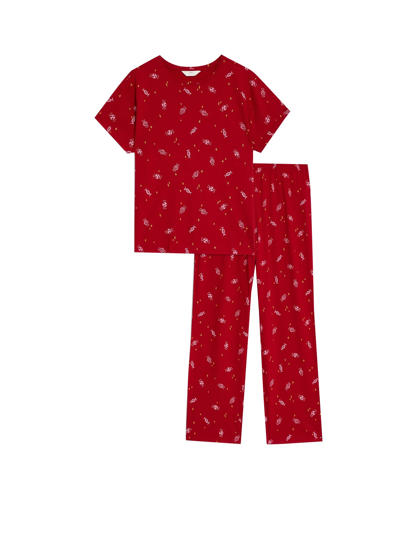 MARKS & SPENCER Women Pyjama Set Pure Cotton Printed Fire Brick