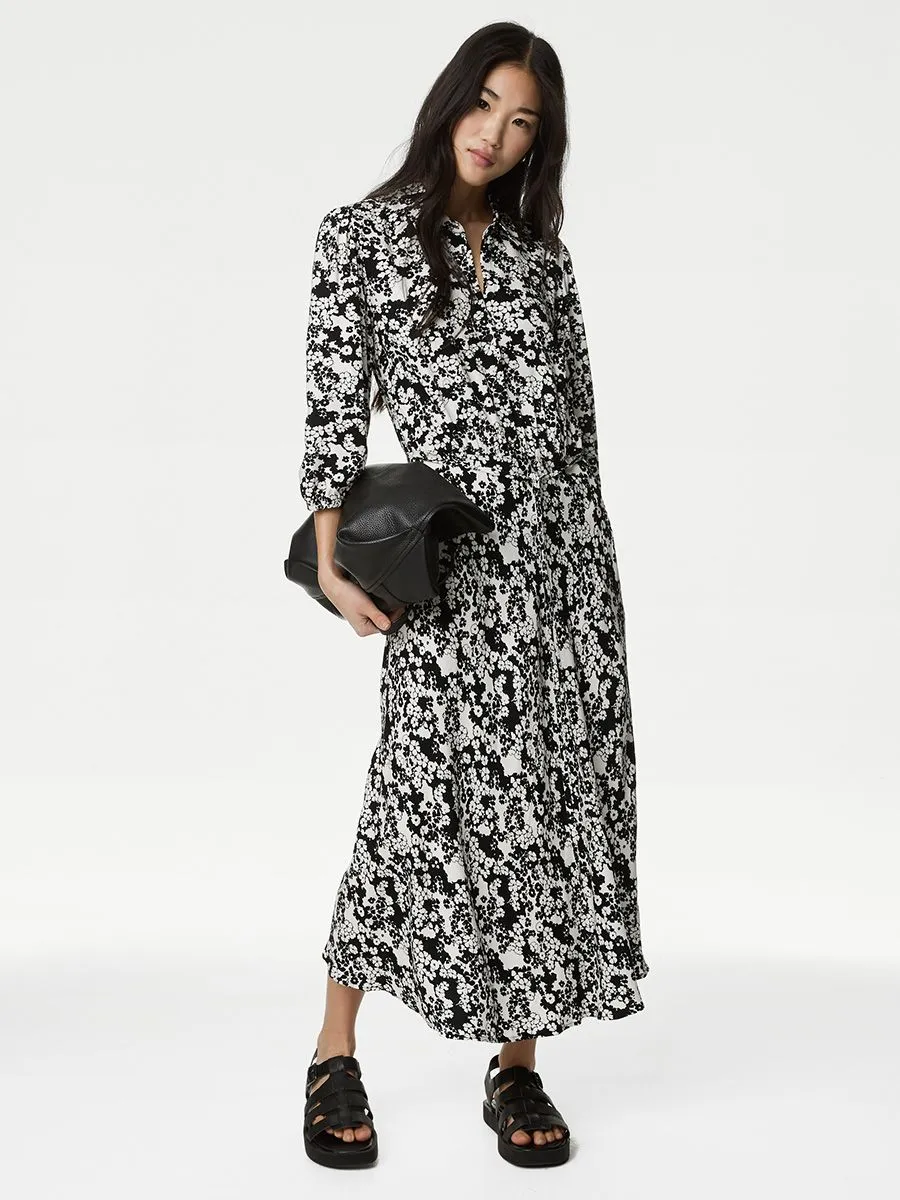 MARKS & SPENCER Women Maxi Dress Belted Floral Printed Black Mix