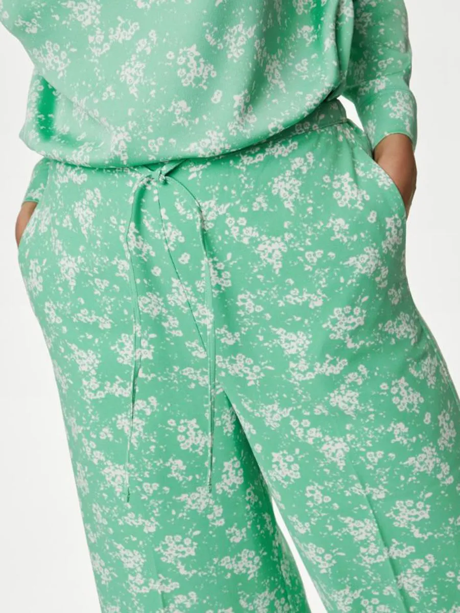 MARKS & SPENCER Women Trousers Floral Drawstring Wide Leg Green Mix