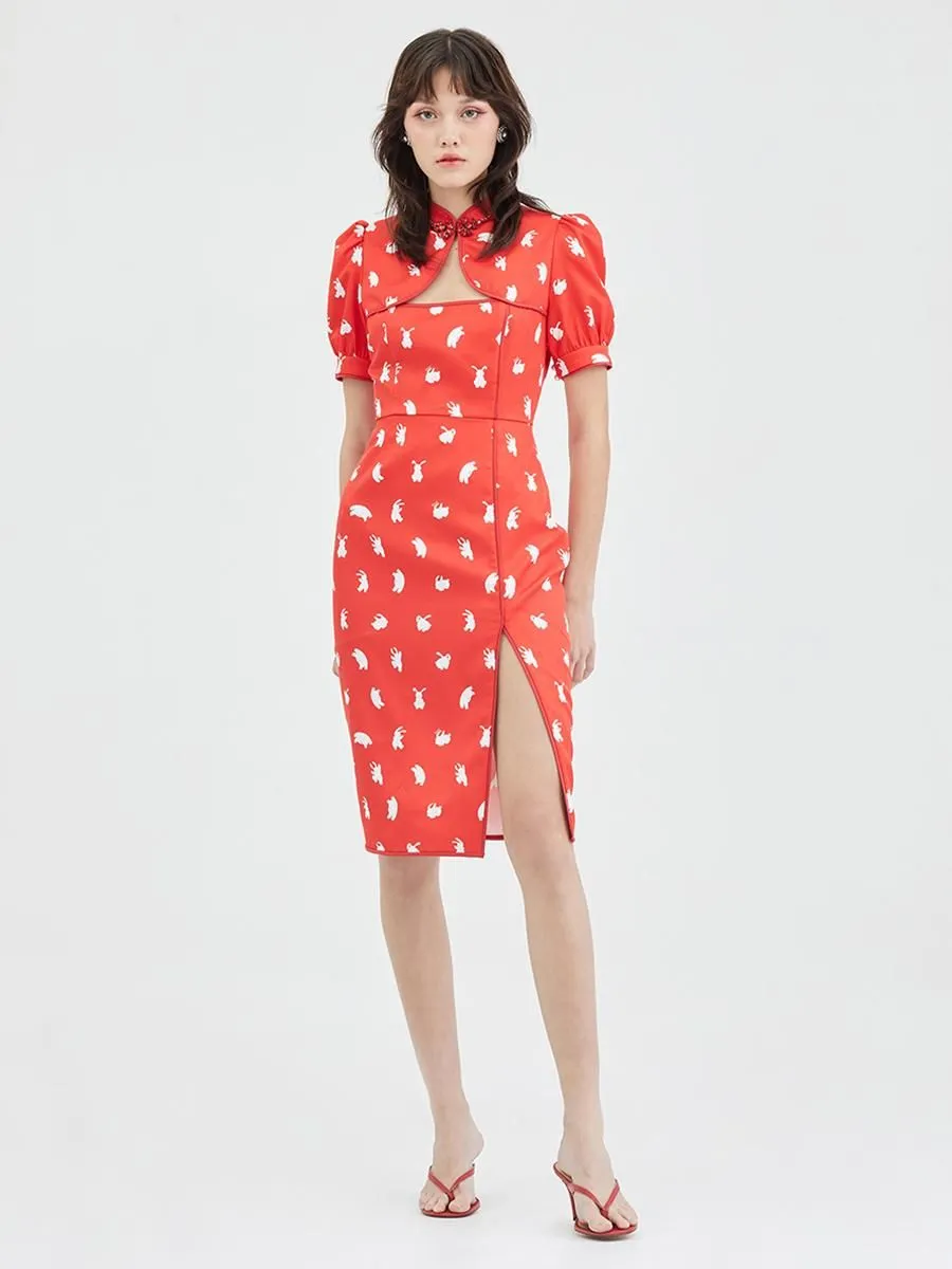 KLOSET (CNY23)Rabbit print front slit dress RED Size - M