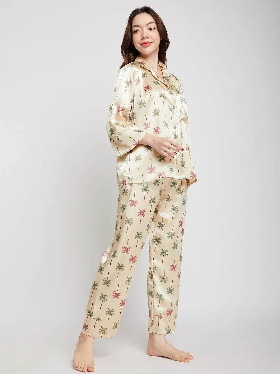 MARIA VICTORIA Women Sleepwear Long Sleeves + Pants Palm Tree Printed Gold