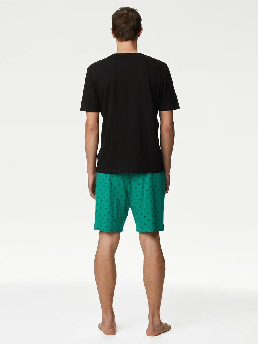 MARKS & SPENCER Men Pyjama Set T-Shirt Short Sleeves + Shorts Pure Cotton Clover Printed J4_Green Mix