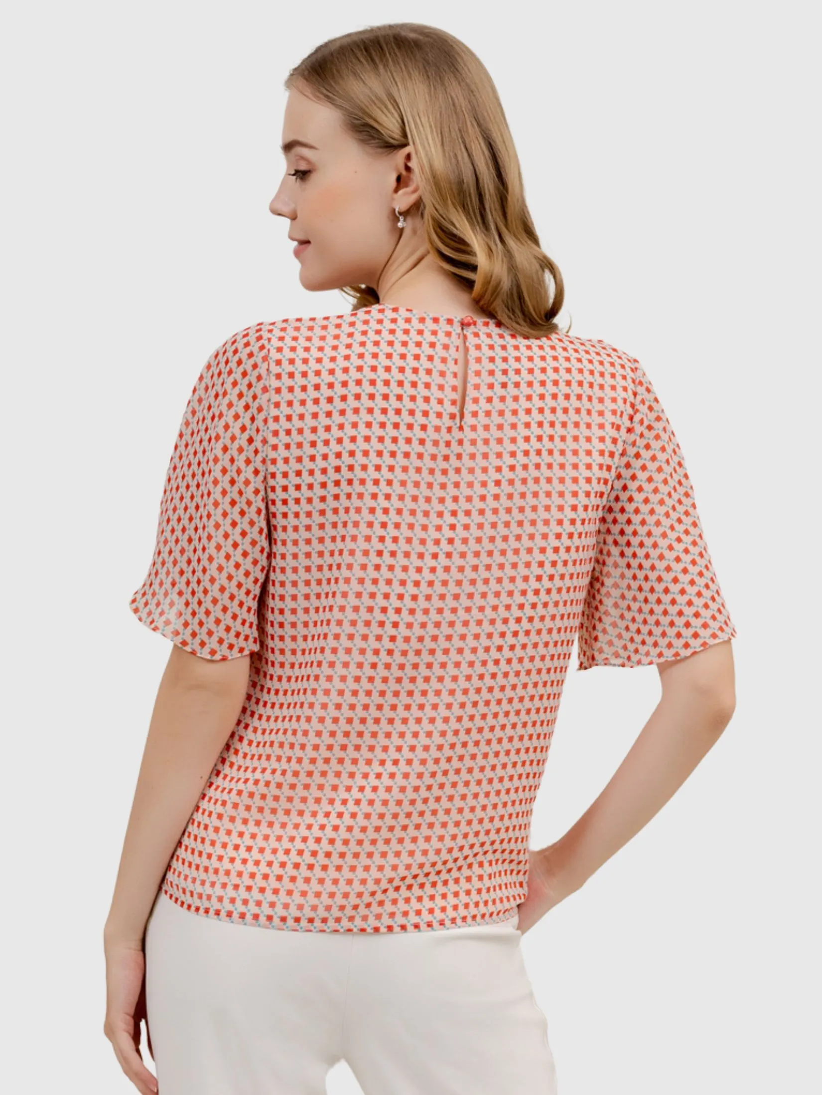 VERONIQA Women Blouse Short Sleeves Chiffon Print Rose Red