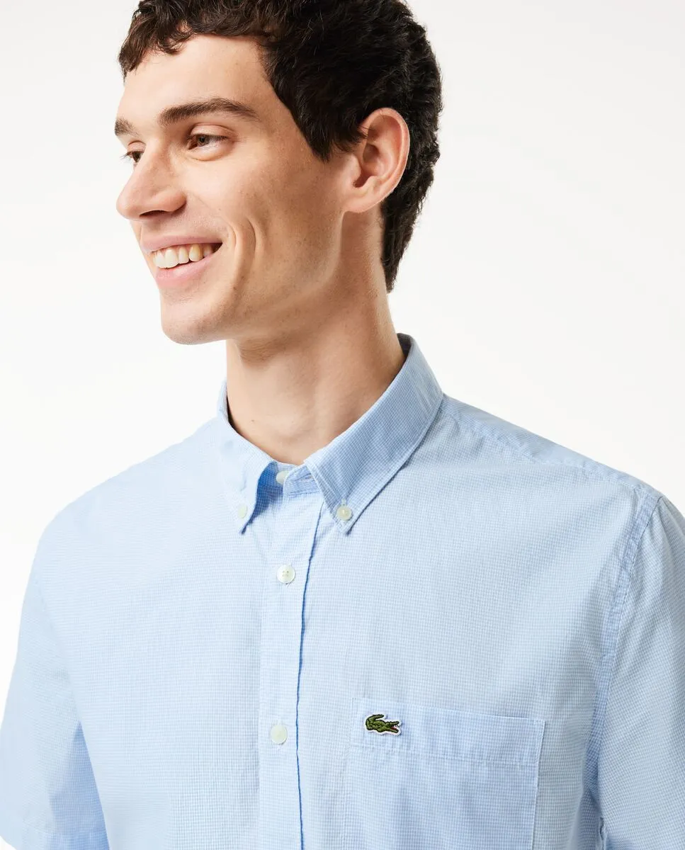 LACOSTE Blue Short Sleeved Regular Fit Gingham Print Shirt