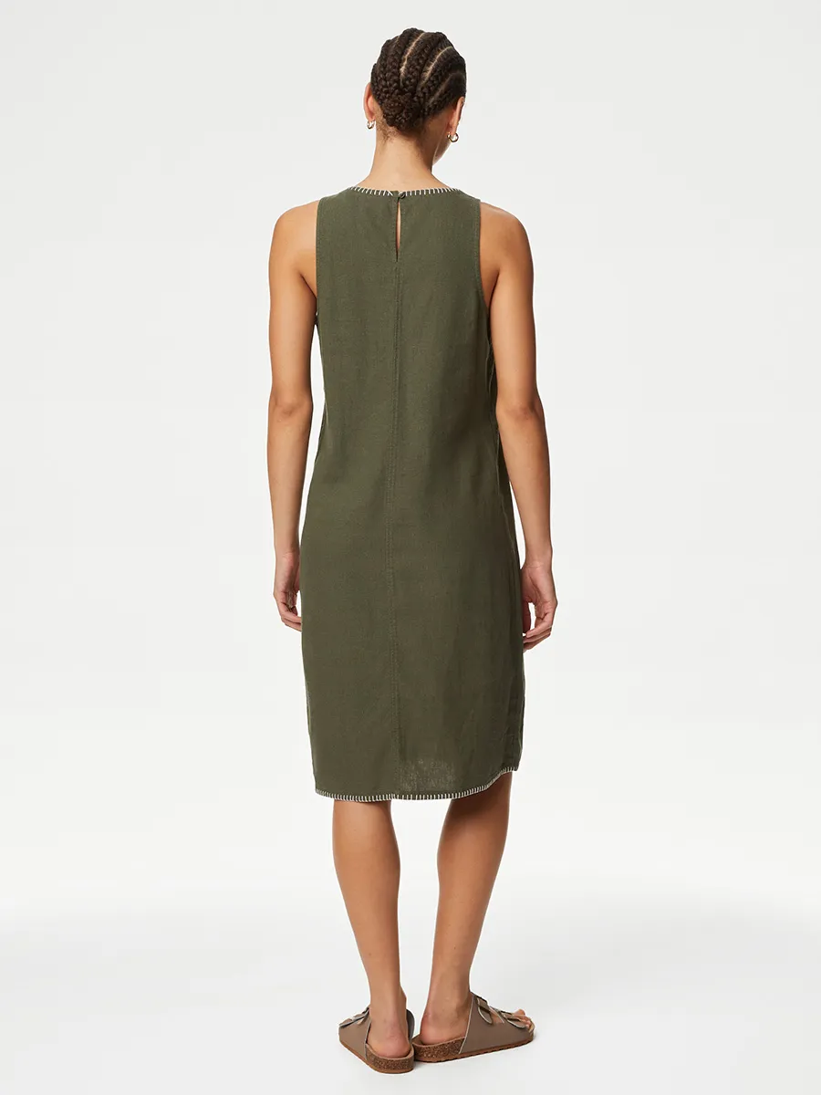 MARKS & SPENCER Women Dress Stitch Detail Shift Linen Rich Hunter Green