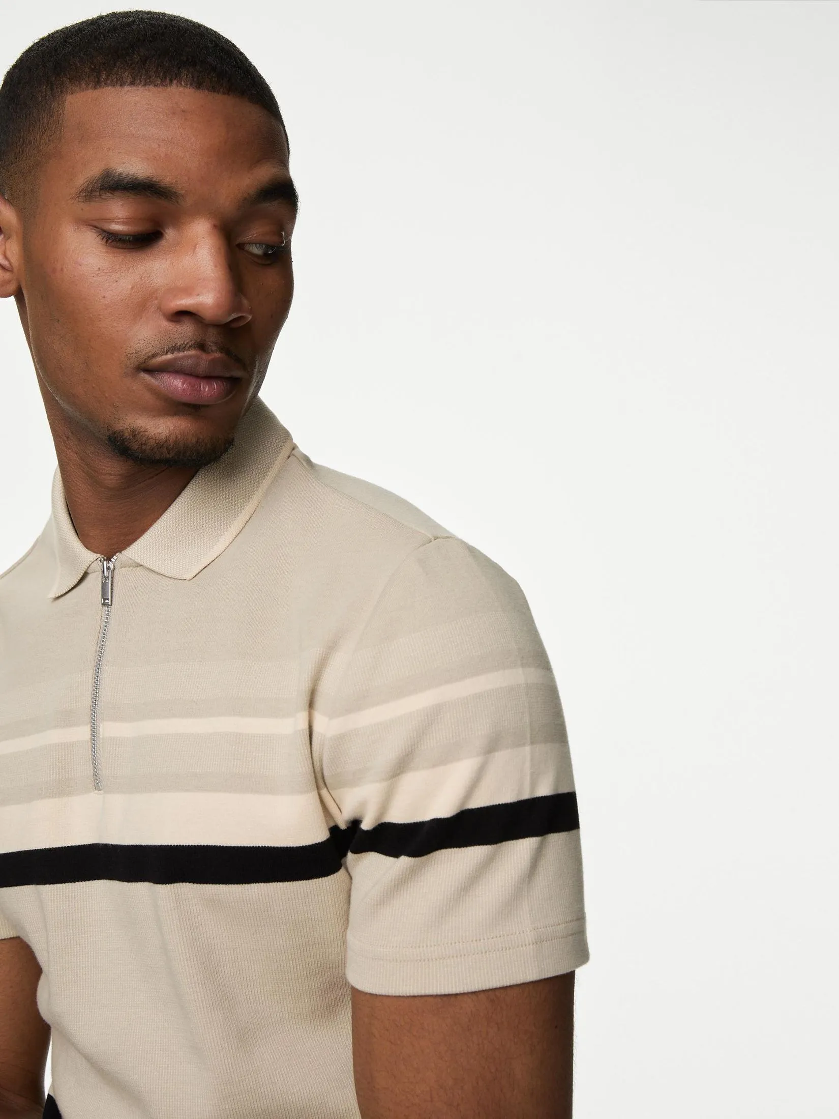 MARKS & SPENCER Men Polo Shirt Pure Cotton Double Knit Striped Natural Mix