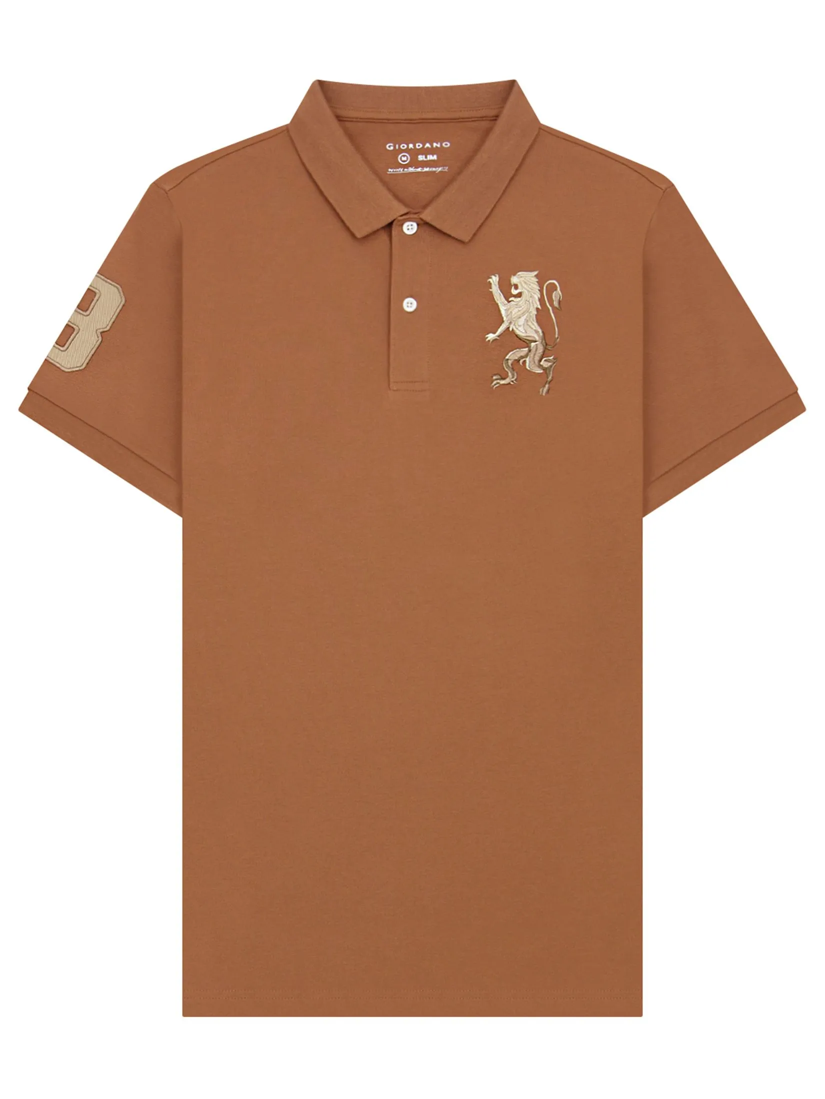 GIORDANO Men's Lycra Pique Embroidery Polo (3D Lion) Mocha bisque brown