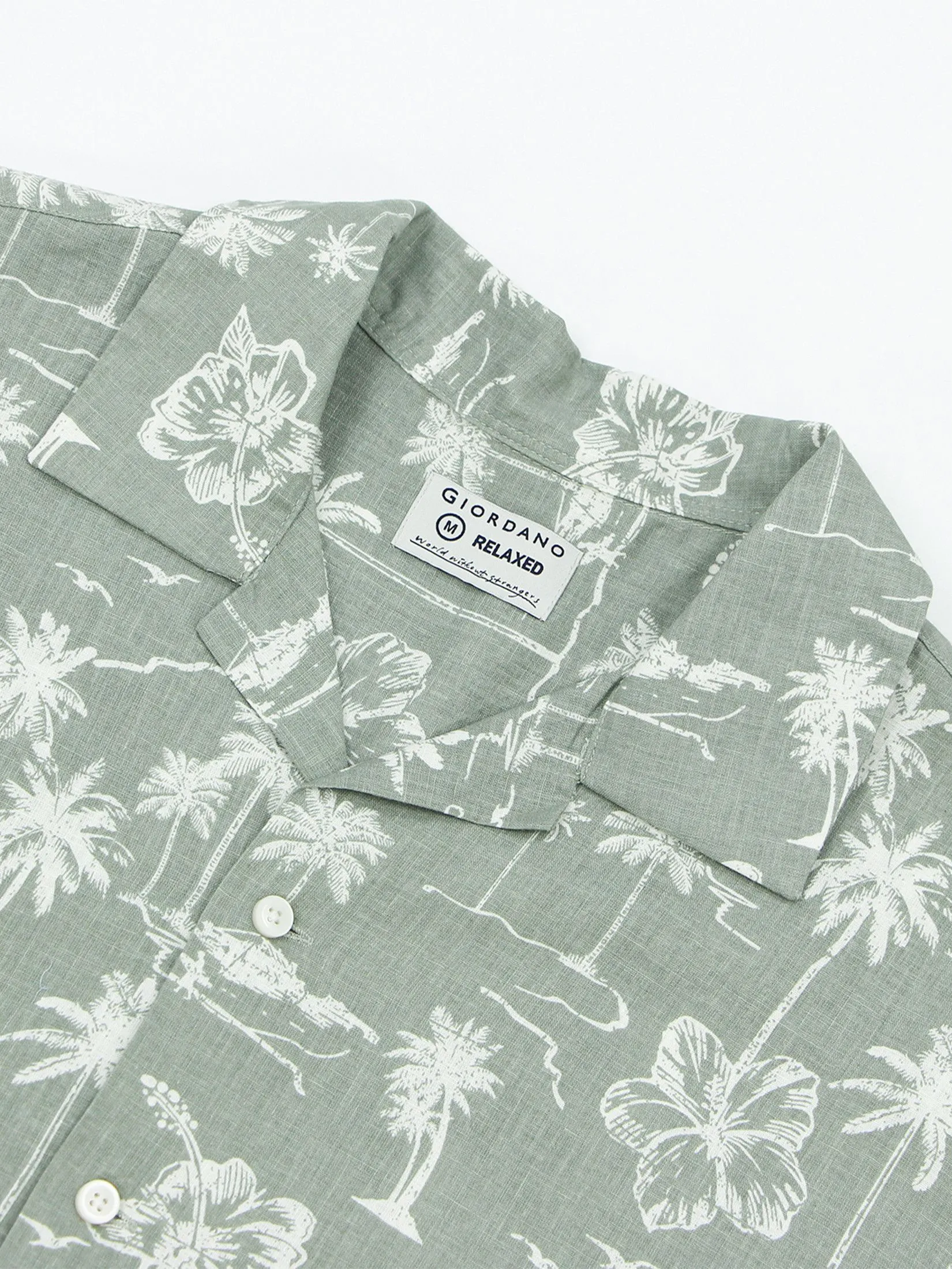 GIORDANO Men's Relax Printed Linen Shirt Green x White