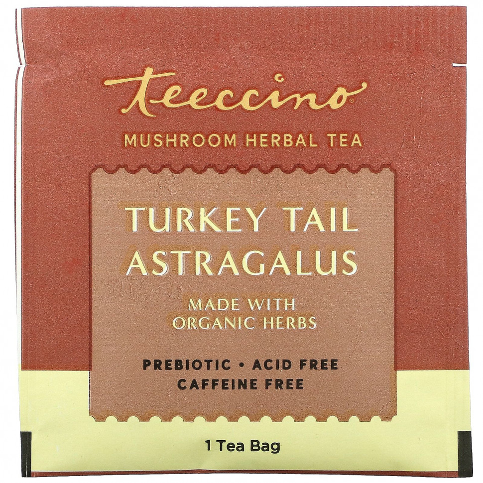 Teeccino, Mushroom Herbal Tea, Turkey Tail Astragalus, 10 Tea Bags, 2.12 oz (60 g)