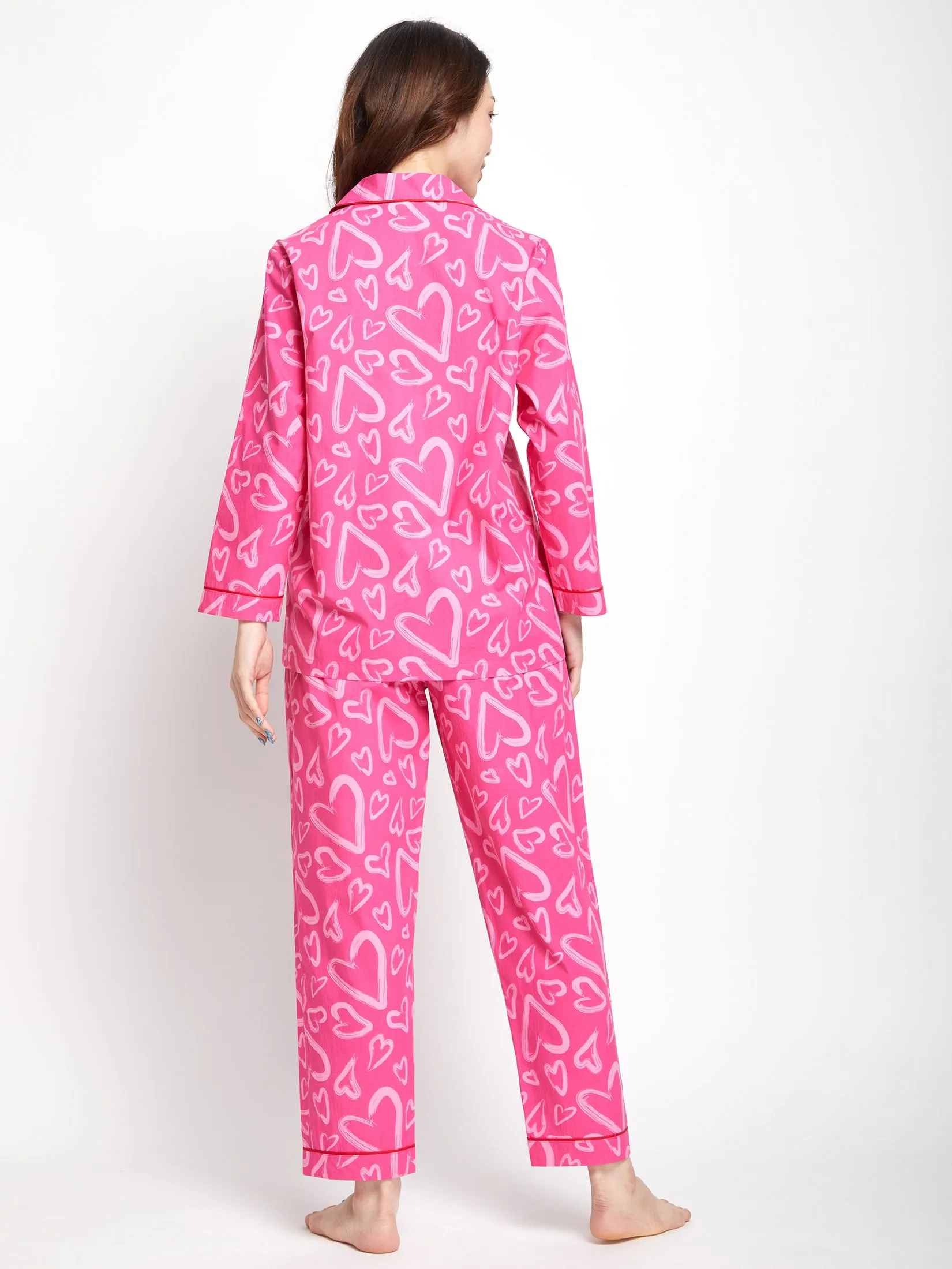 FOF Women Pyjamas Shirt Collar Neck Long Sleeves + Pants Heart Print Pink