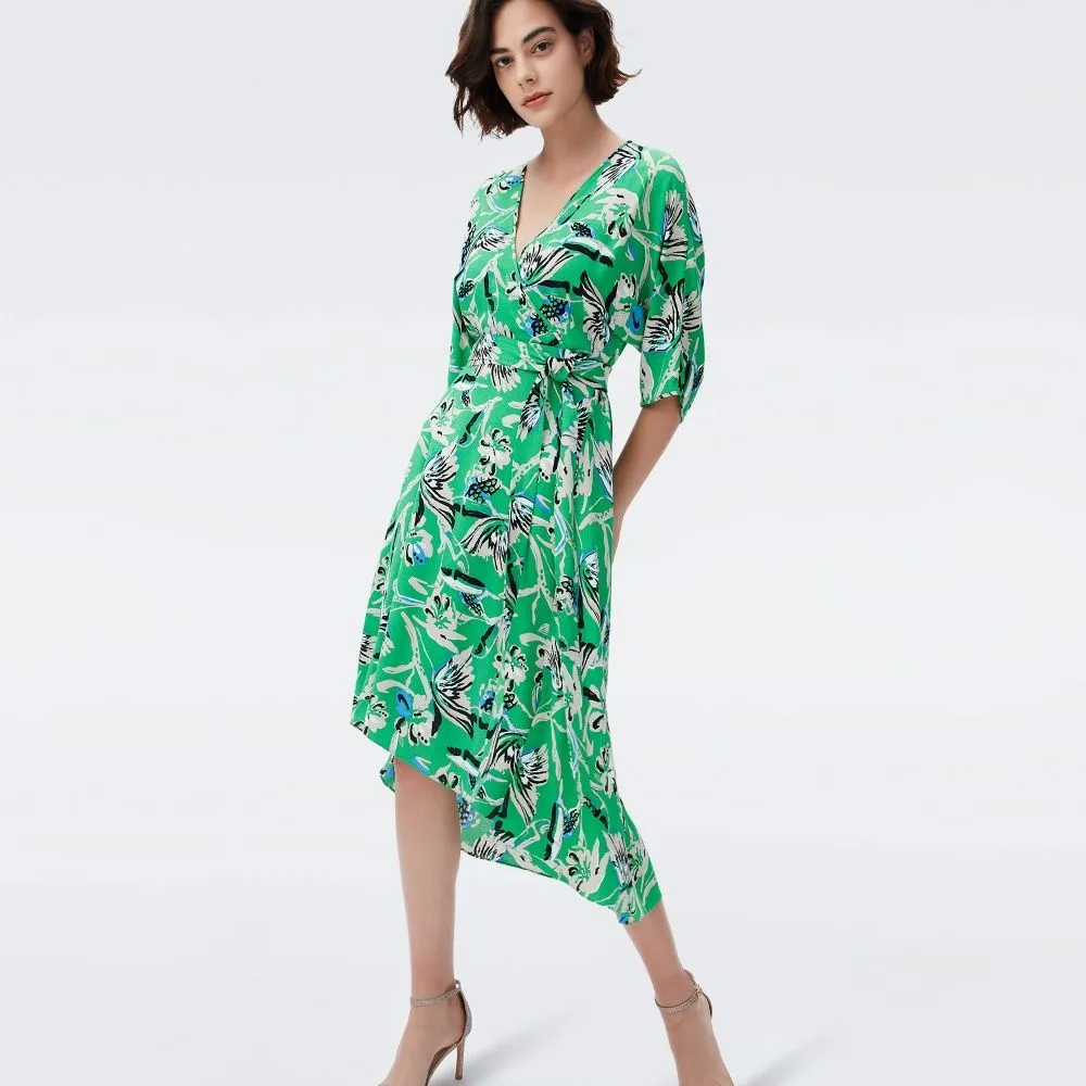 DIANE VON FURSTENBERG DVF ELOISE MIDI DRESS BUTTERFLY FLORAL SIG GREEN